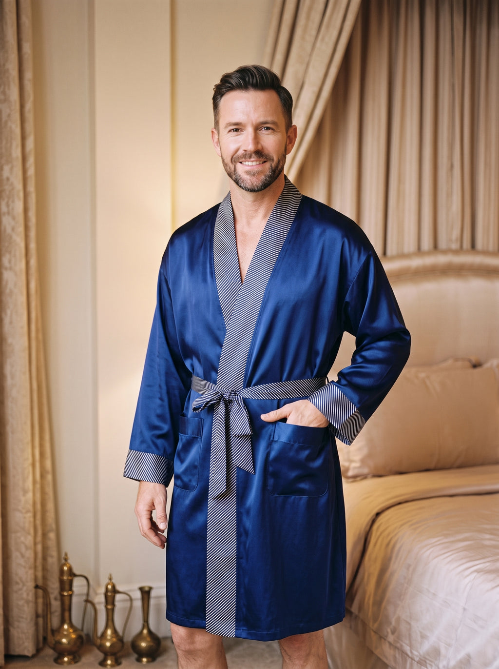 Homme en robe de chambre de soie bleu marine, debout dans une chambre, ourlet au-dessus du genou