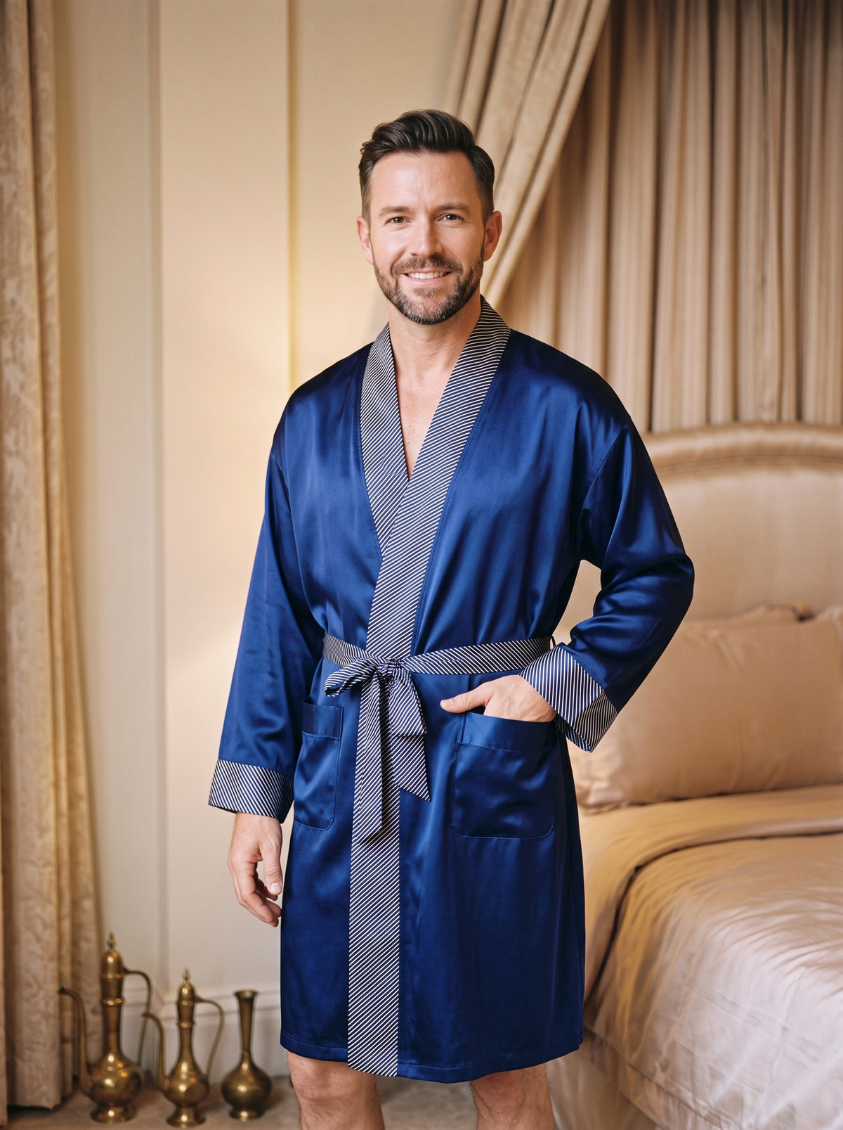Homme en robe de chambre de soie bleu marine, debout dans une chambre, ourlet au-dessus du genou