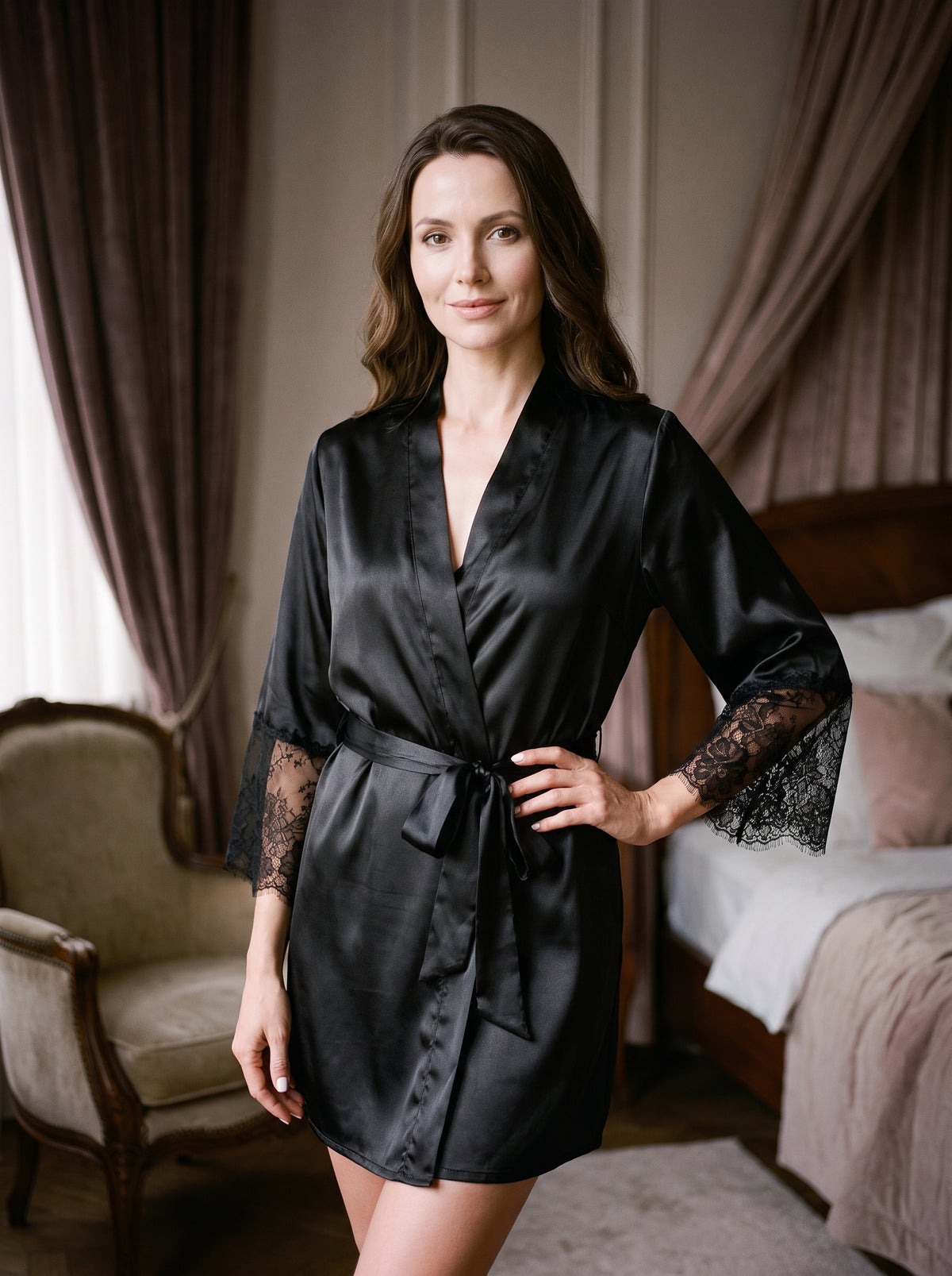 Femme en kimono court satiné noir ceinturé, manches à dentelle, allure élégante