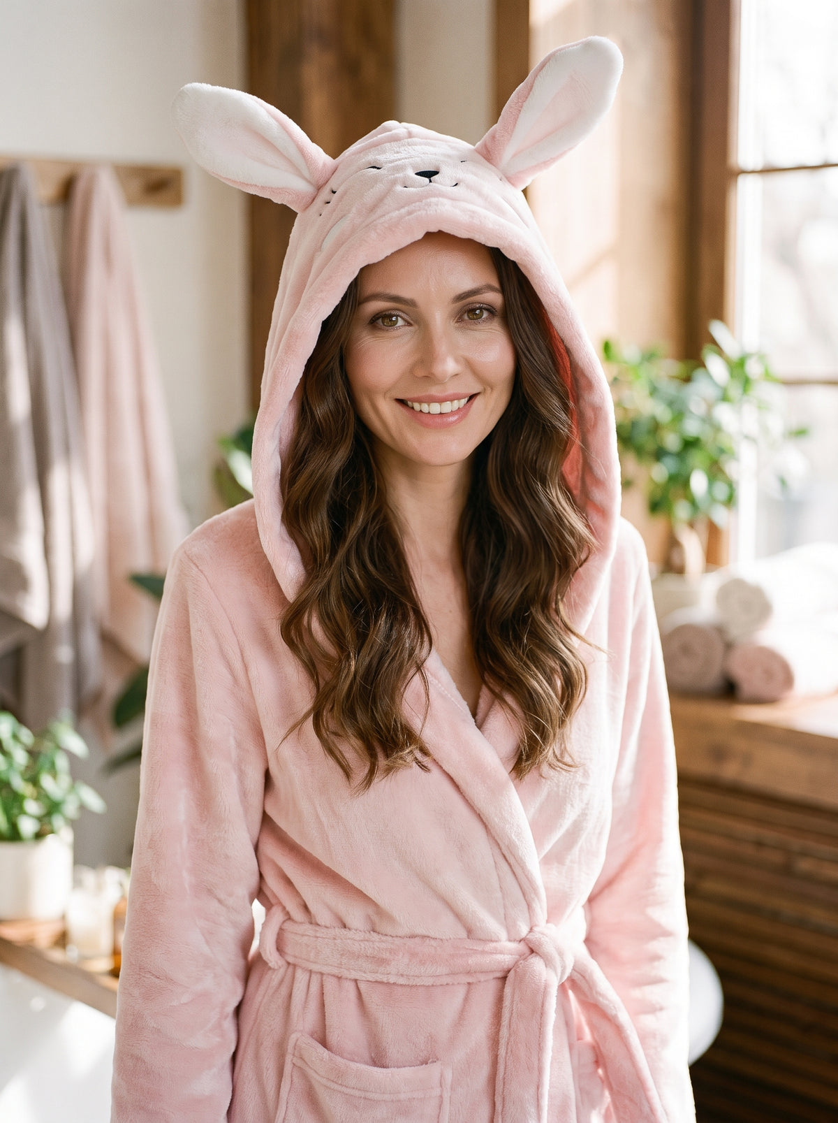 Femme portant un peignoir polaire rose à capuche lapin avec oreilles