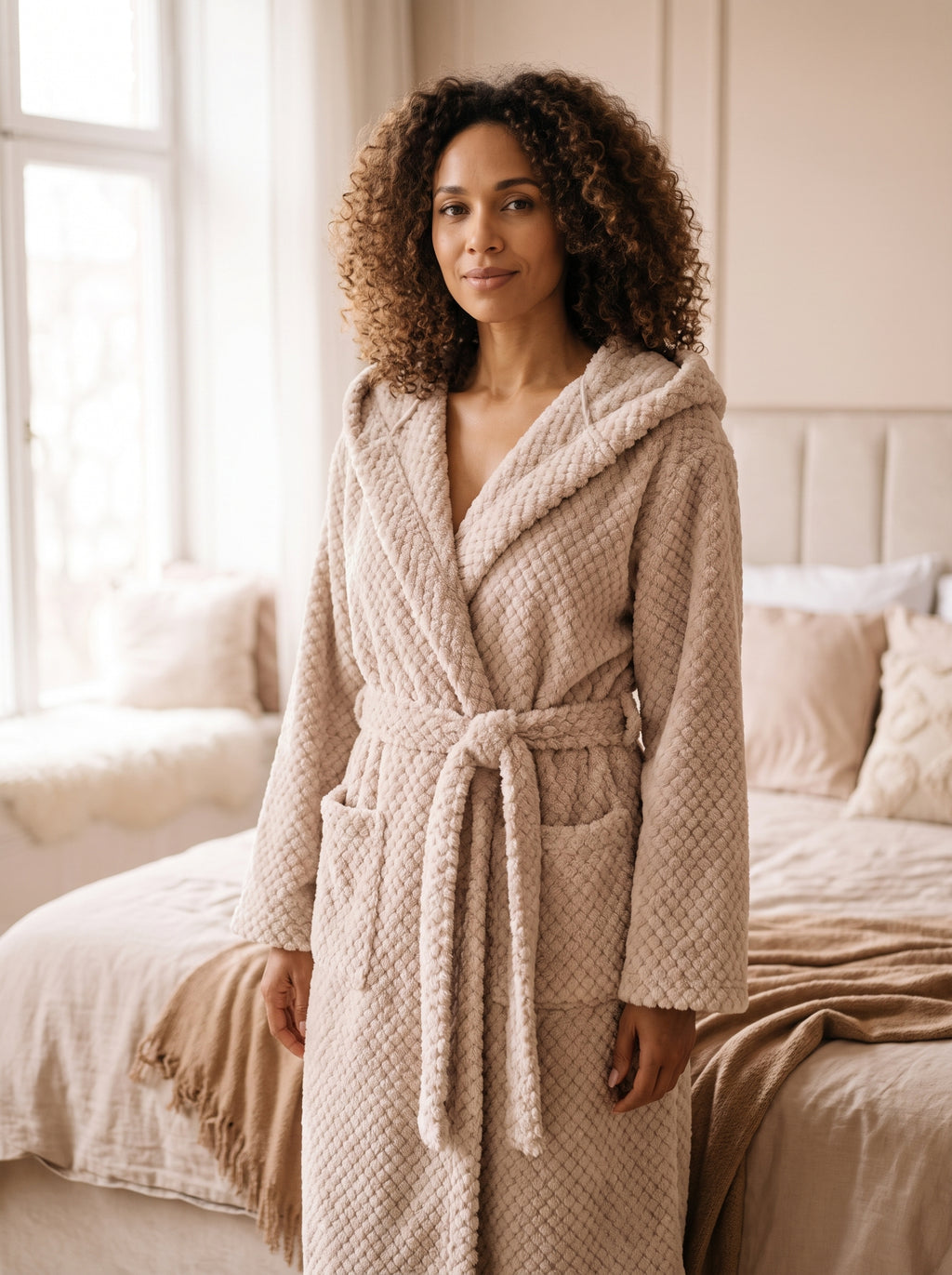 Femme en peignoir spa beige à capuche en maille polaire gaufrée, dans une chambre claire
