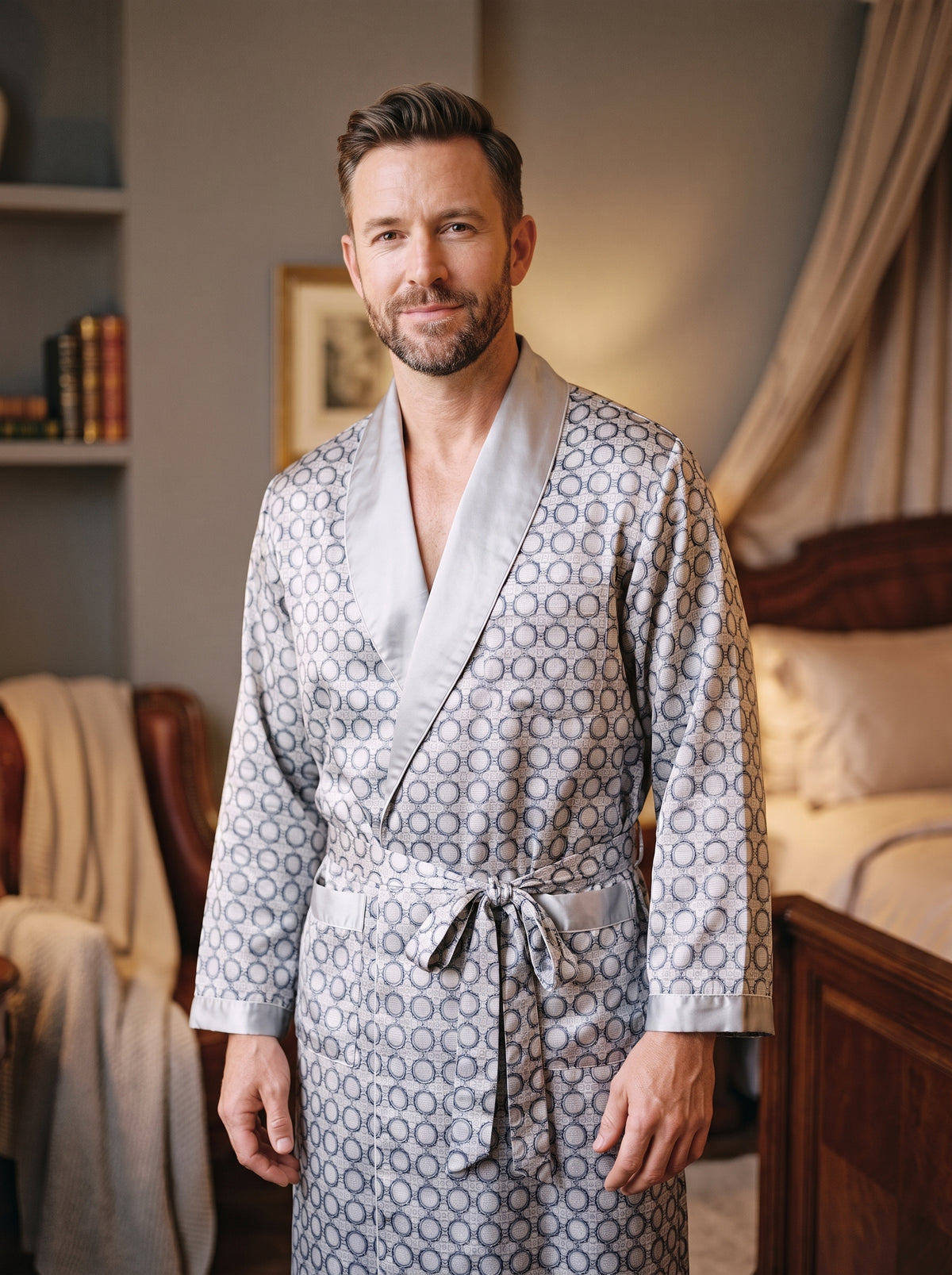 Robe de chambre homme en satin gris imprimé portée, intérieur chic