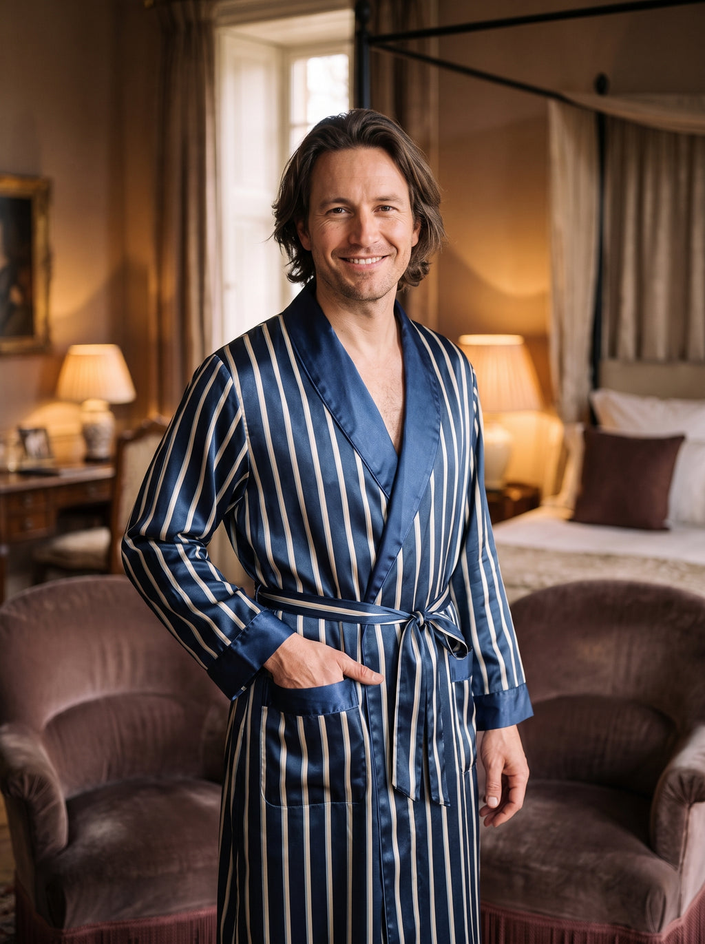 Robe de chambre homme en satin bleu marine rayé à col châle, portée par un homme