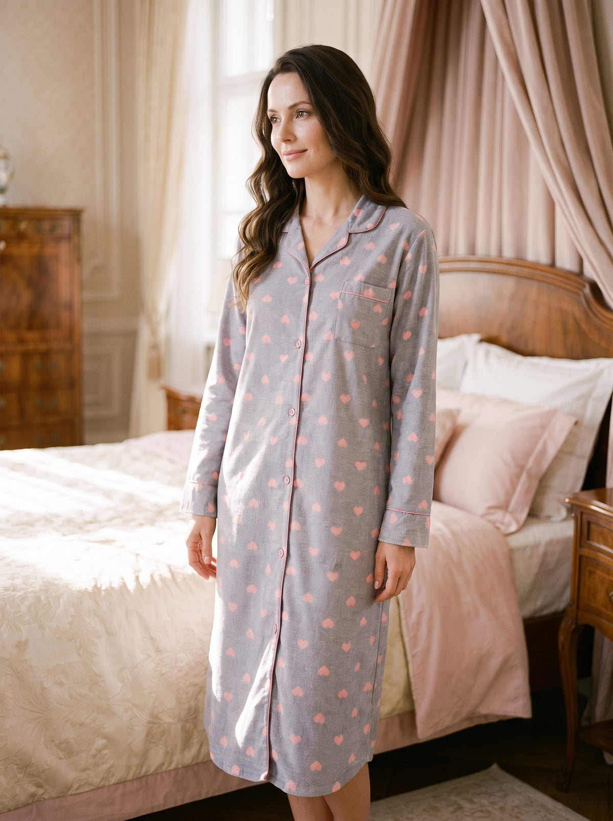 Femme en robe de nuit coton gris à imprimé coeurs roses, col cranté et liseré rose
