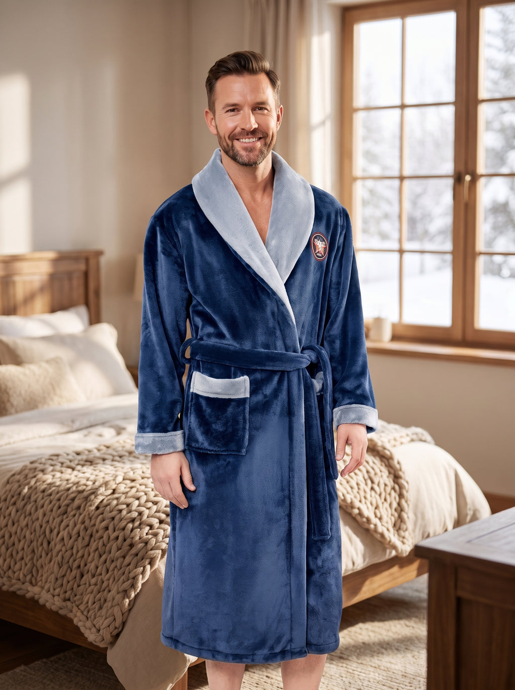 Homme souriant en robe de chambre marine chaude à col châle gris, cocooning hiver