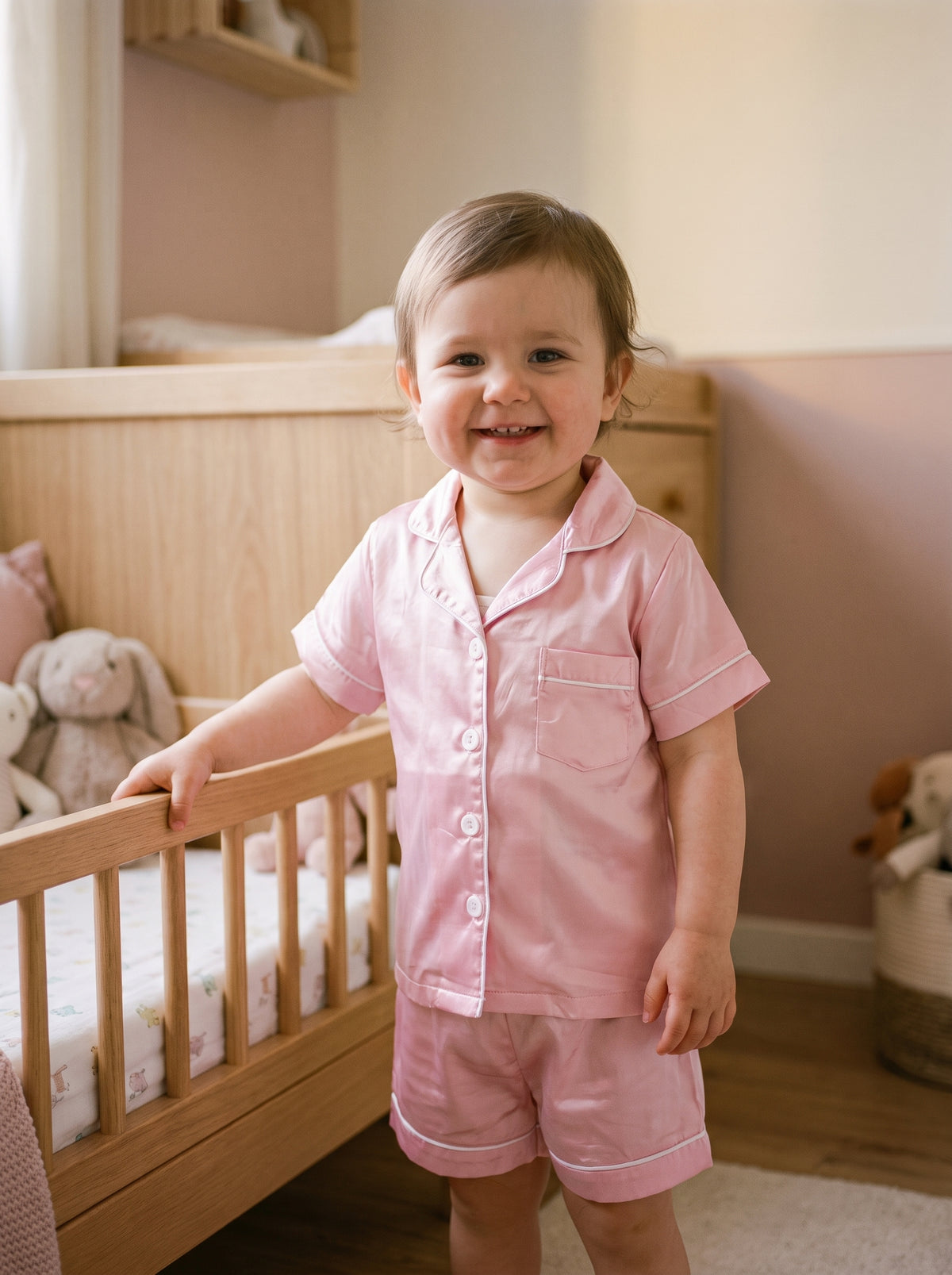 Petite fille souriante debout près de son lit, une main posée sur le montant, en pyjama deux pièces rose à liseré blanc, chemise à manches courtes boutonnée et short