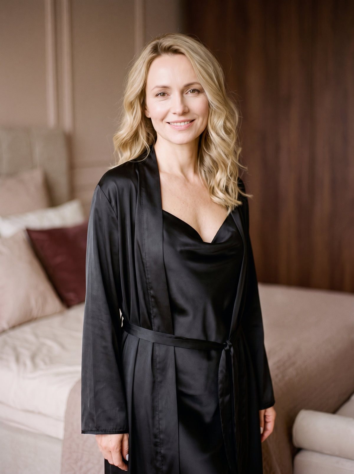 Ensemble Nuisette et Robe en Satin Noir, porté