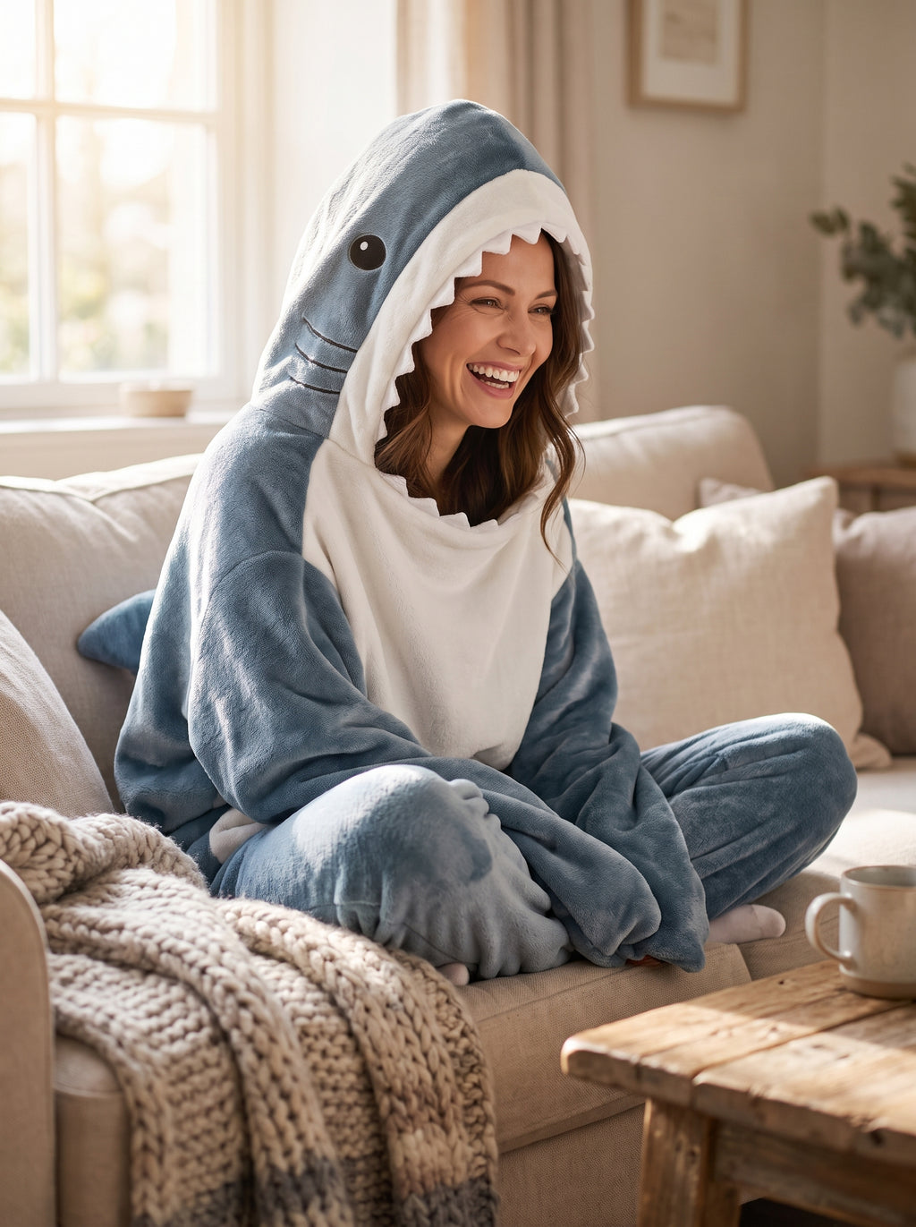 Femme souriante enroulée dans la combinaison pyjama requin à capuche, cocooning