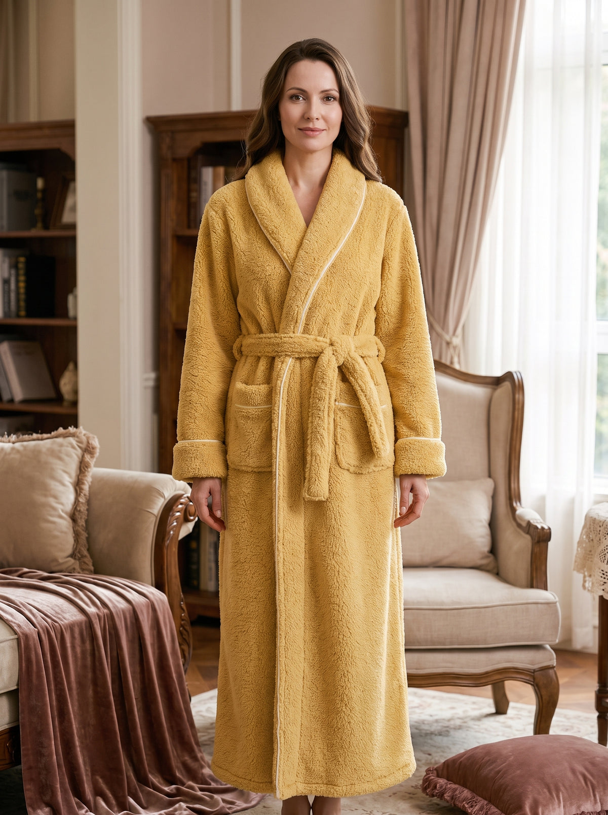 Femme en peignoir polaire long jaune moutarde à texture d'éponge, col châle à passepoil crème