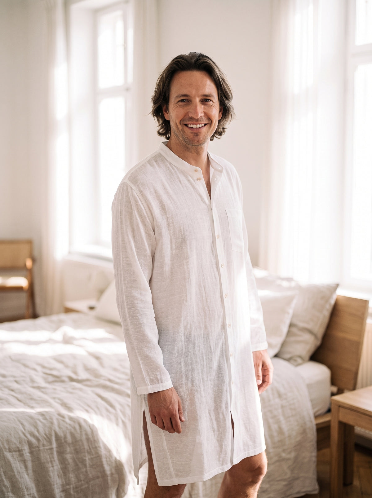 Homme portant une chemise de nuit longue blanche à col rond et boutons