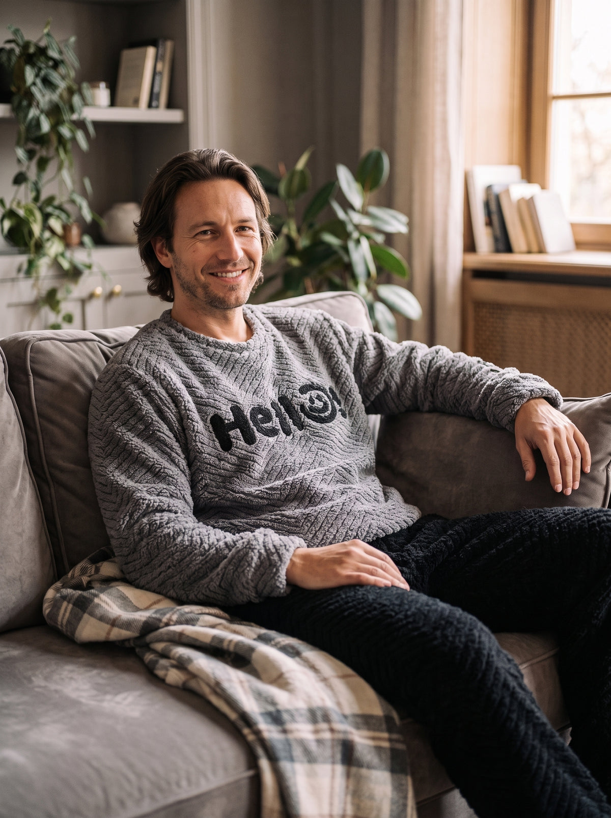 Homme portant le pyjama d'hiver en peluche, sweat gris à lettrage Hello et pantalon noir, installé sur un canapé
