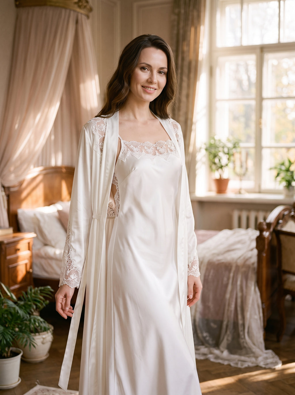 Ensemble nuisette et peignoir en satin blanc et dentelle brodée, porté par une femme