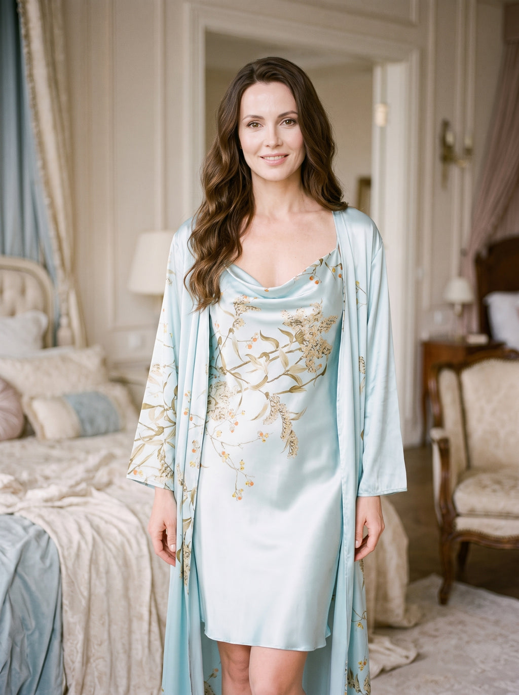 Ensemble nuisette et kimono satin bleu ciel imprimé floral doré porté, boudoir