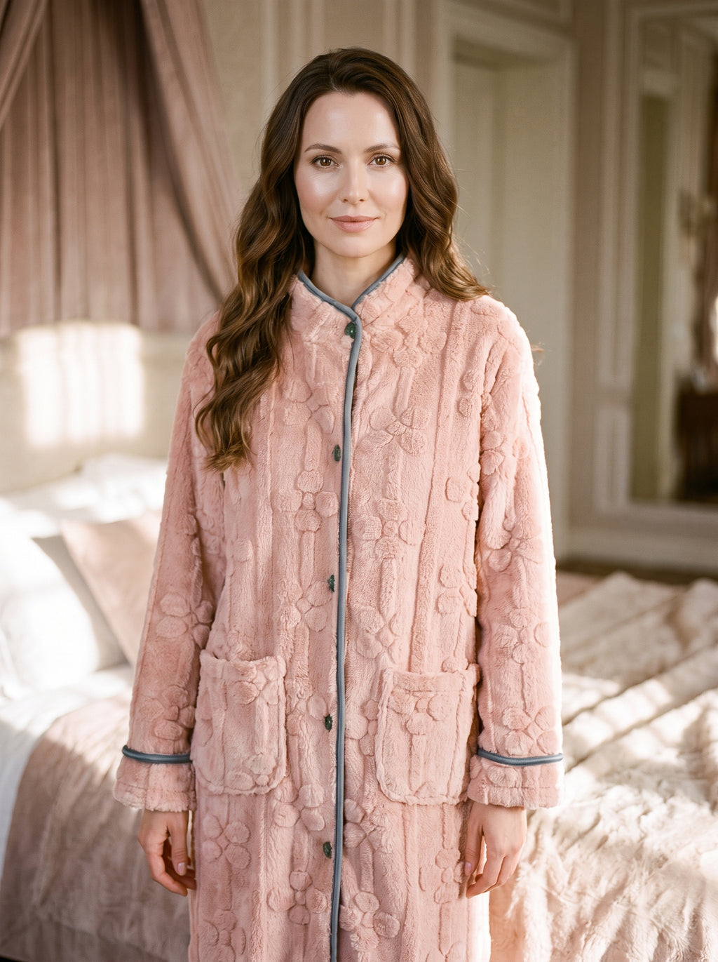 Femme portant la robe de chambre boutonnée rose en flanelle jacquard, ambiance cocooning
