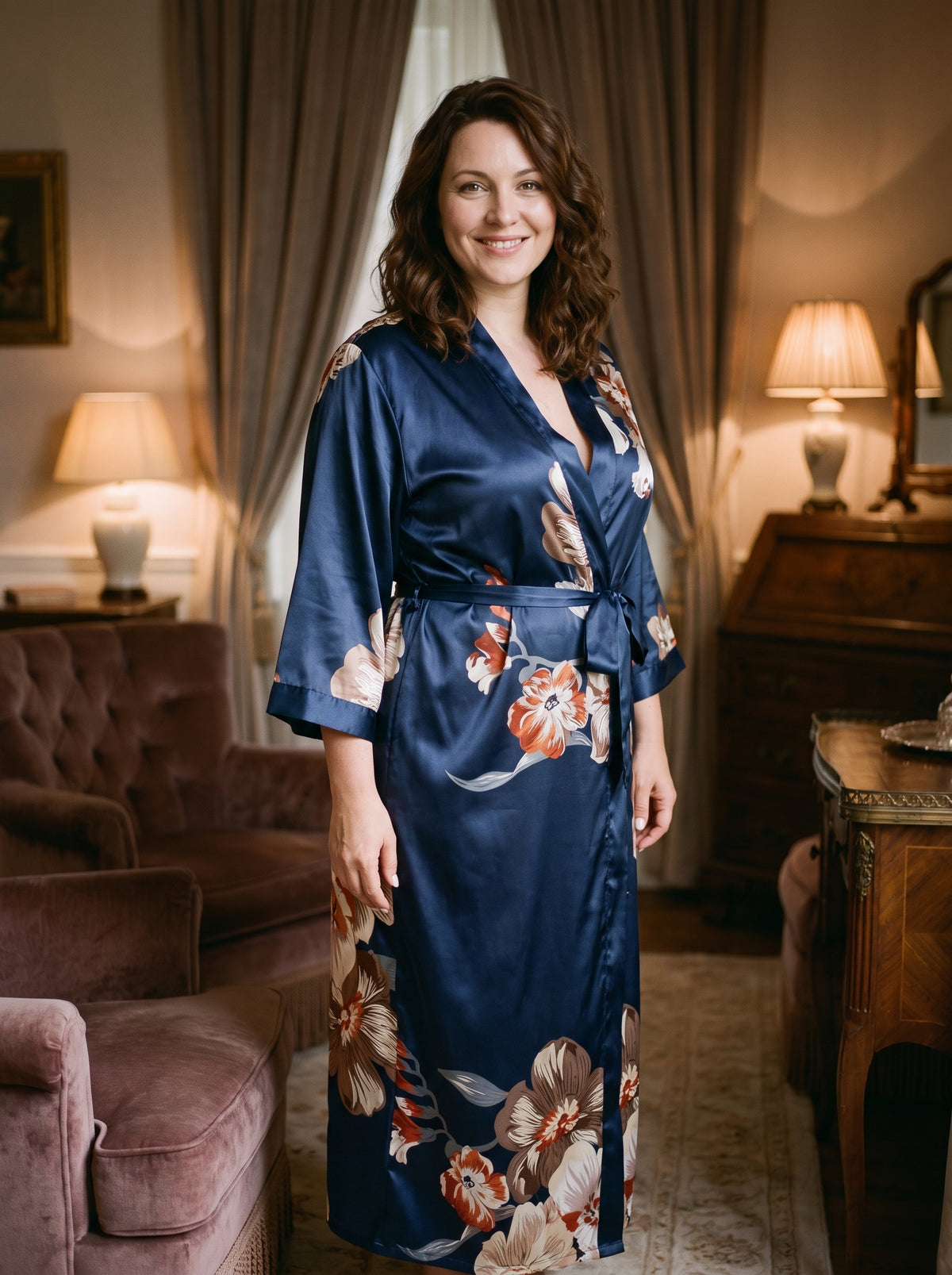 Kimono satin bleu marine à imprimé floral grande taille porté, boudoir