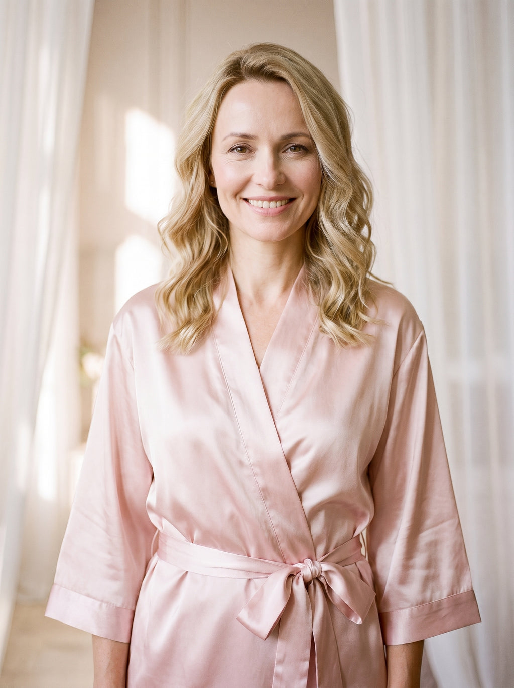 Le kimono rose porté par une femme souriante