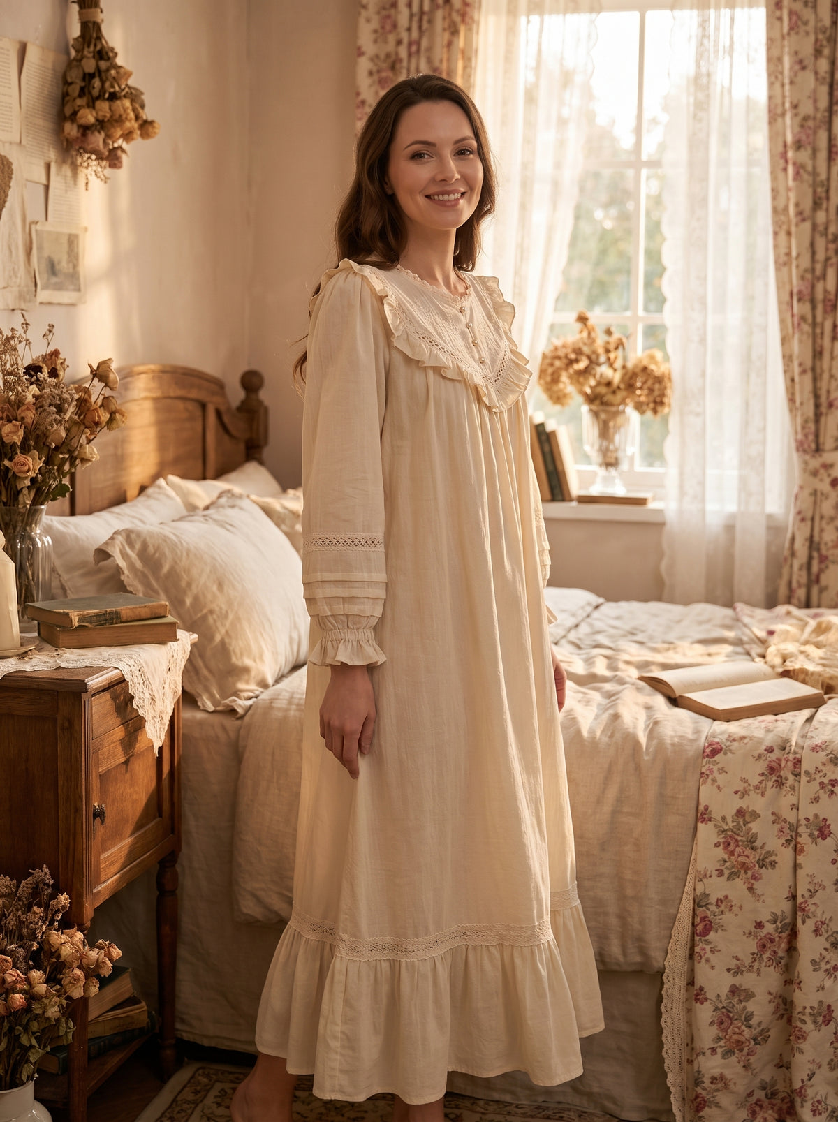Nuisette longue vintage en coton beige portée, chambre romantique