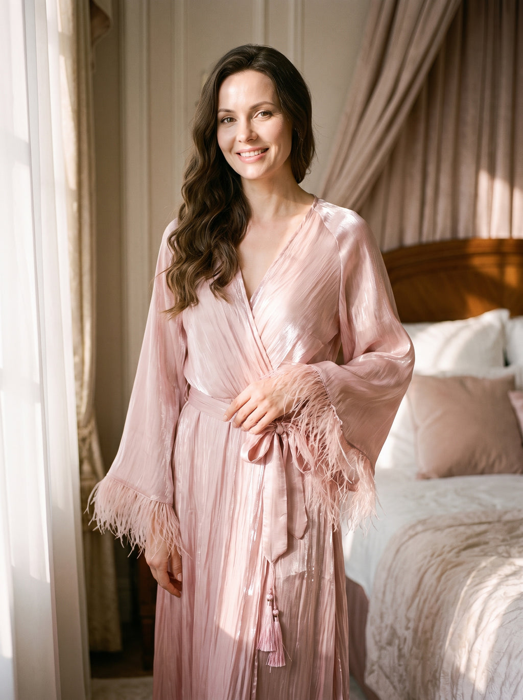 Femme souriante debout dans une chambre crème, le peignoir kimono rose noué à la taille, la frange de plumes des manches le long des bras