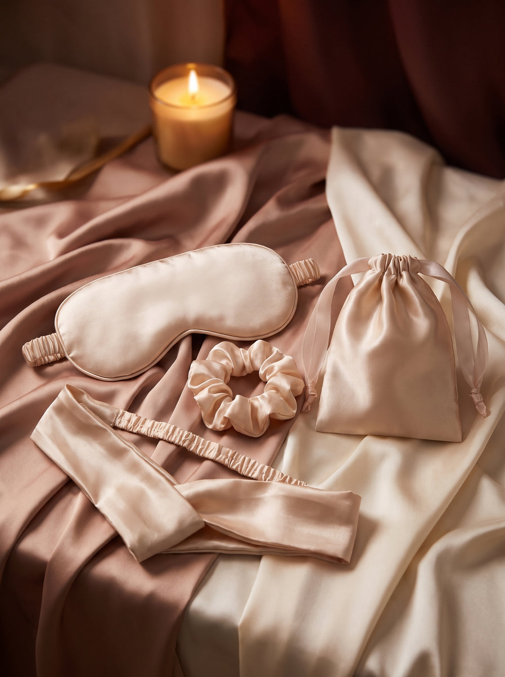 Kit de nuit en soie synthétique champagne posé sur drapé satiné, ambiance boudoir avec bougie