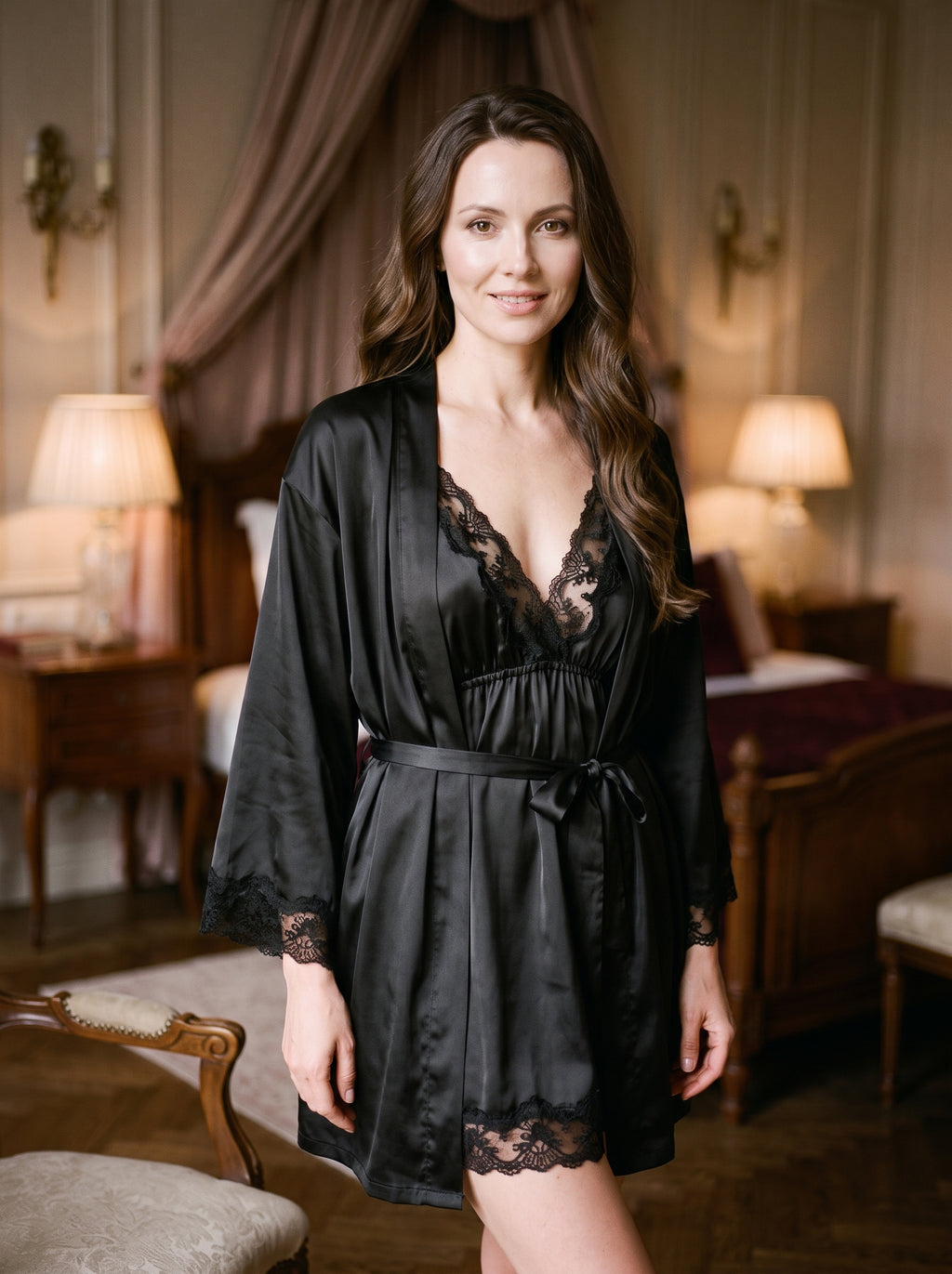 Femme portant un ensemble nuisette et kimono en satin noir bordé de dentelle