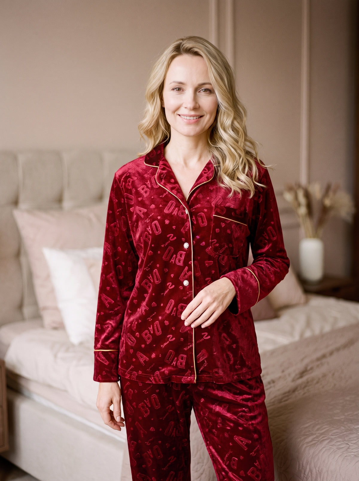 Femme souriante debout dans une chambre crème, en pyjama de velours rouge à lettres en relief, une main détendue à hauteur de la taille