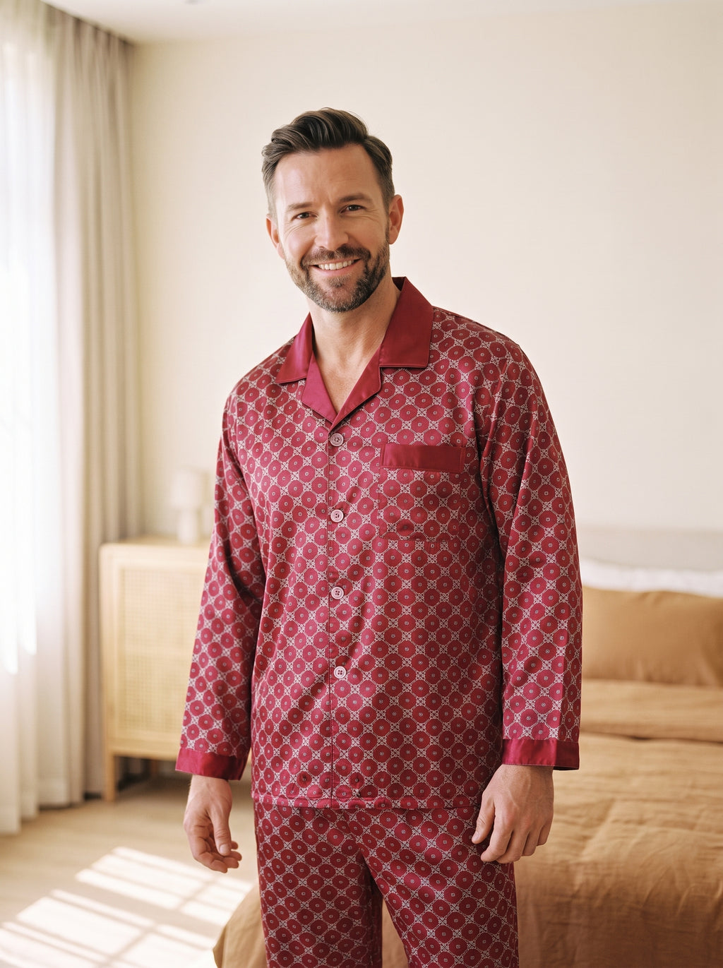Homme souriant debout dans une chambre en pyjama satiné rouge à motifs, chemise à col rabattu et pantalon assorti