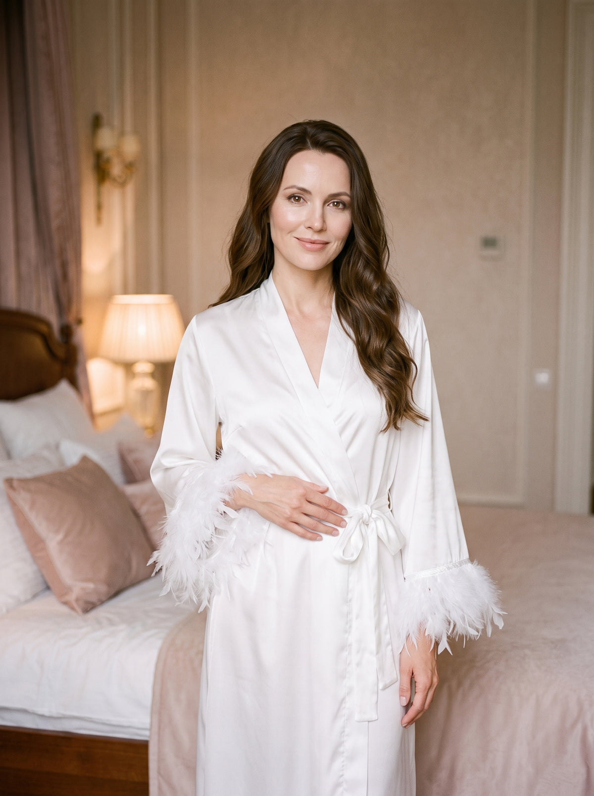 Femme souriante debout dans une chambre, en peignoir blanc de satin à manches de plumes, la main posée sur le nœud de la ceinture