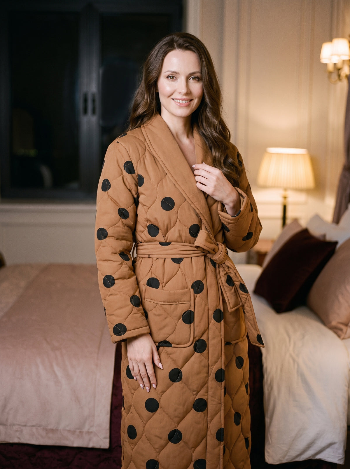 Femme souriante debout près d’un lit en robe de chambre matelassée caramel à pois noirs, ceinture nouée et poche plaquée sur la hanche