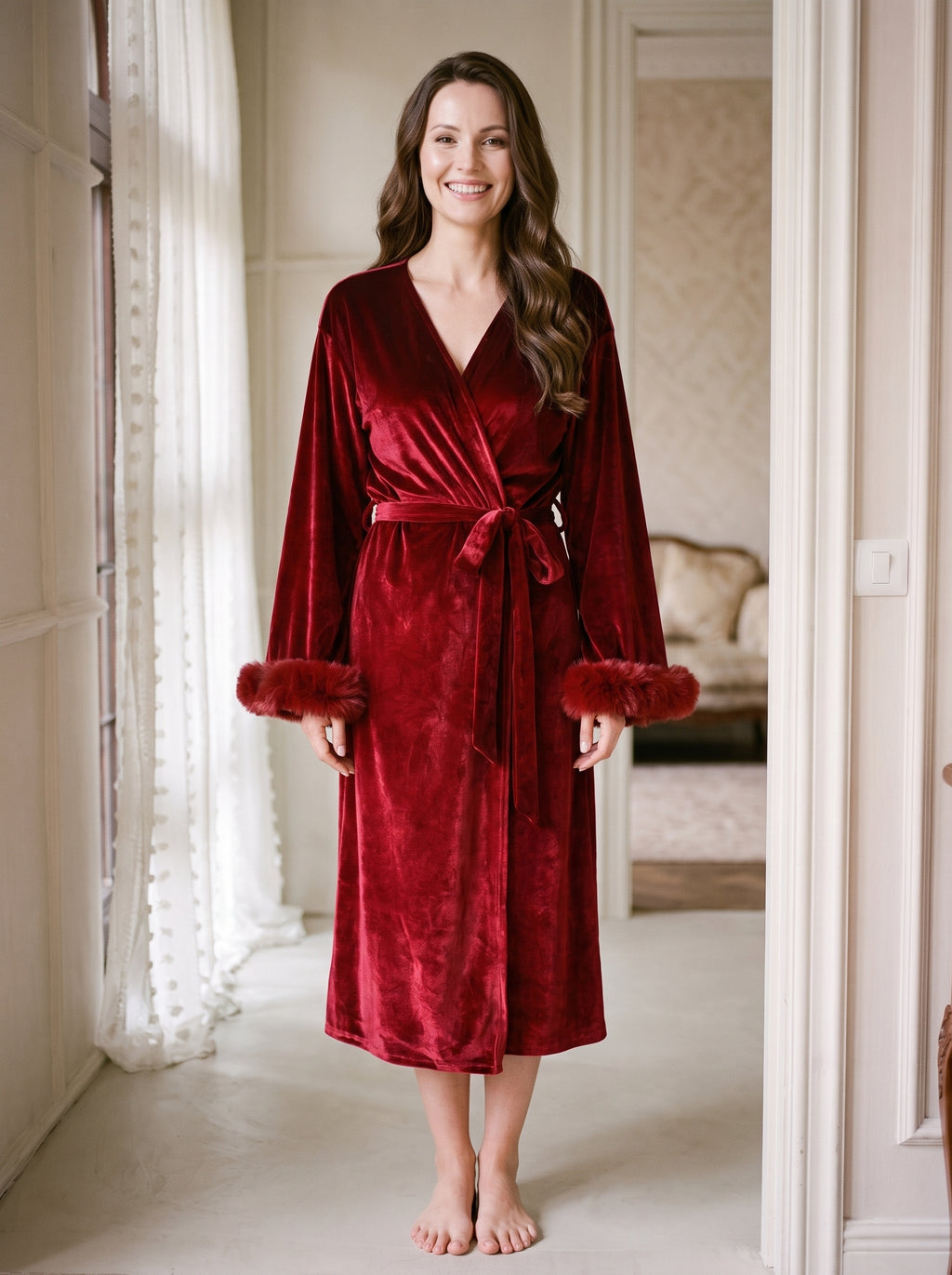La robe de chambre en velours rouge portée par une femme souriante, en pied