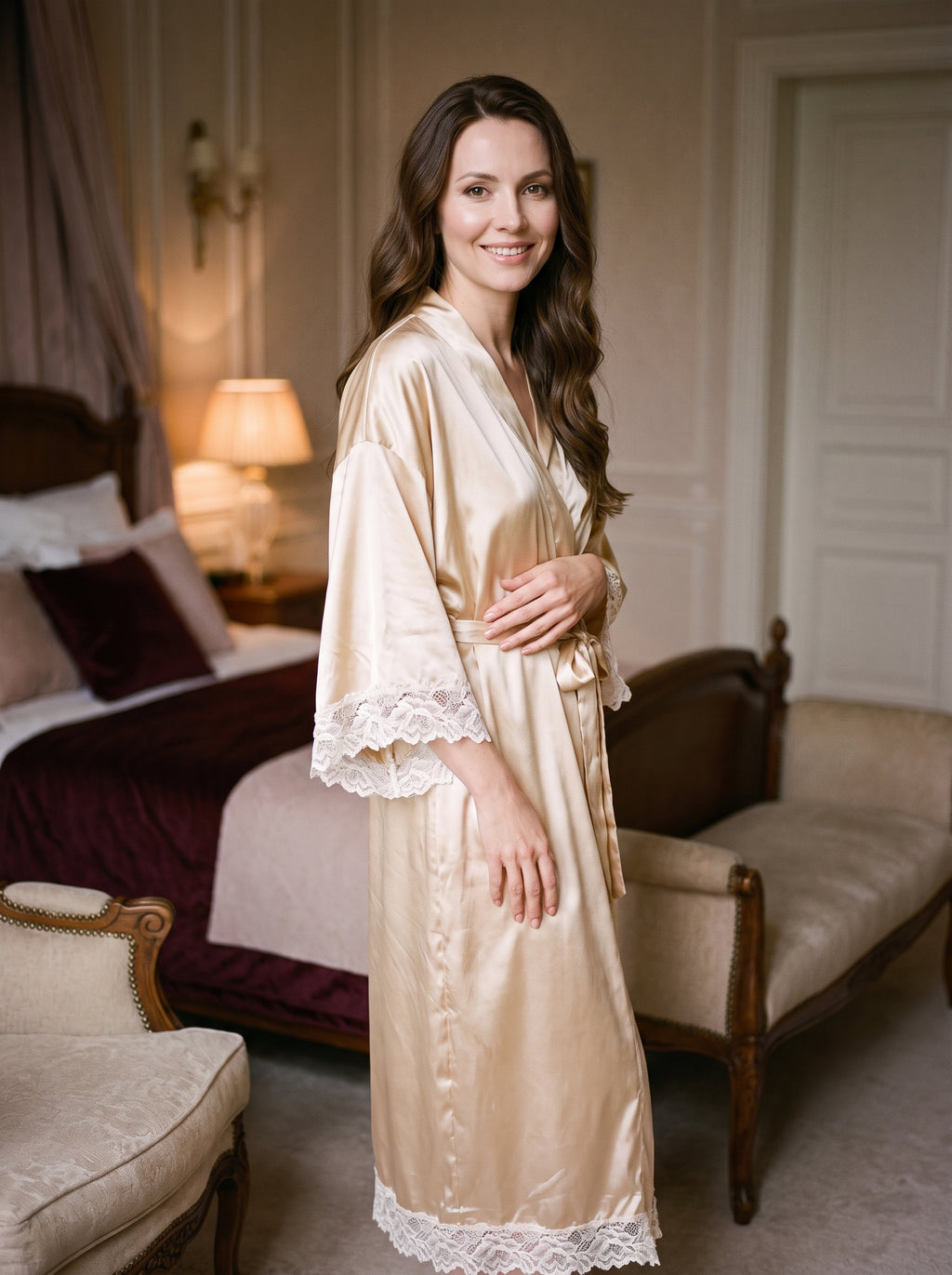 Robe nuisette longue beige en satin portée debout, ceinture nouée, manches et ourlet bordés de dentelle ivoire