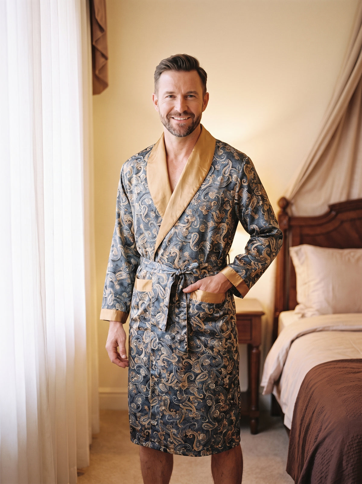 Homme souriant debout près d’une fenêtre en robe de chambre satinée grise à motif paisley, col châle doré et ceinture nouée