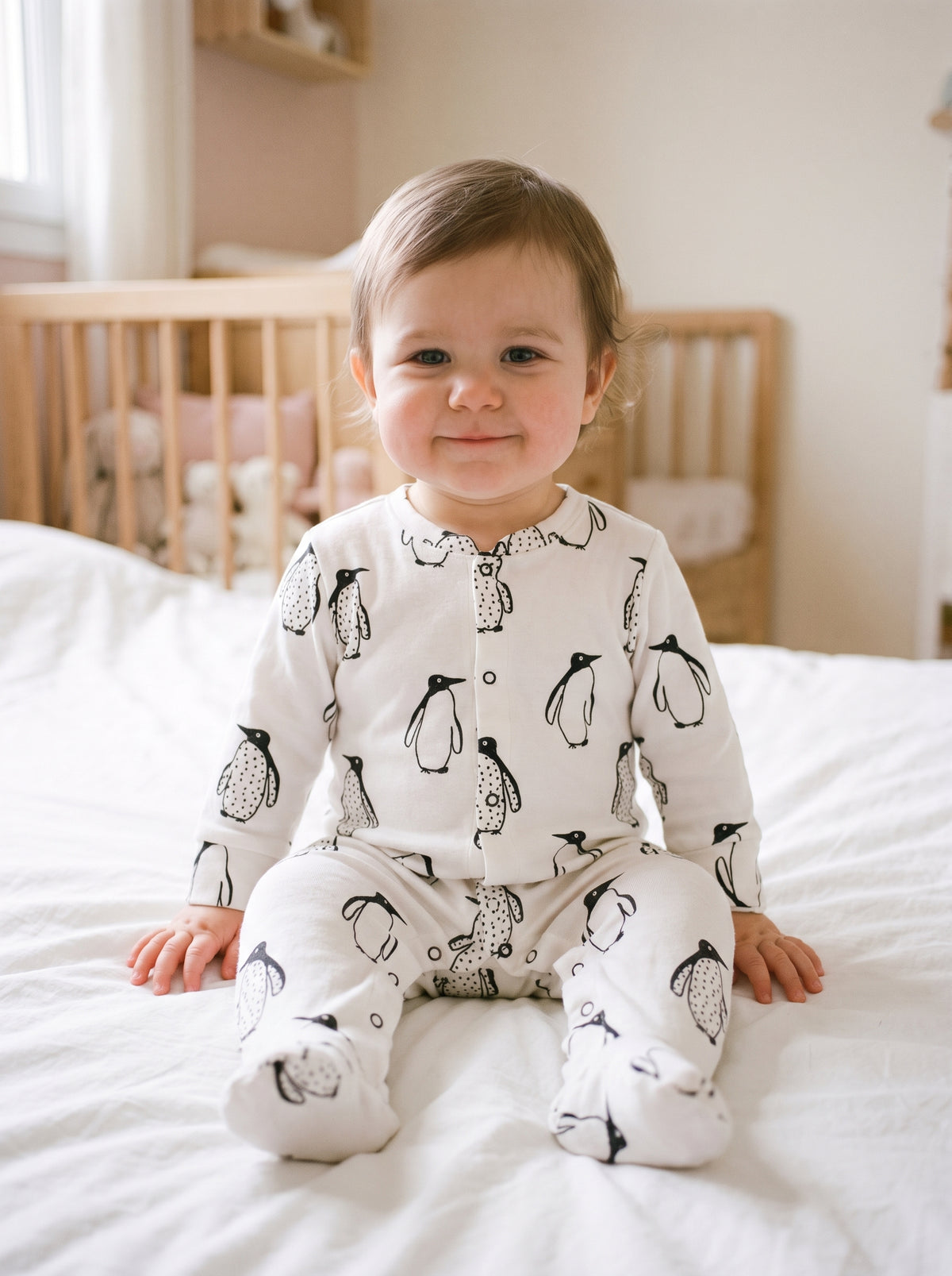 Combinaison pyjama bébé en coton blanc à pingouins portée, pieds intégrés