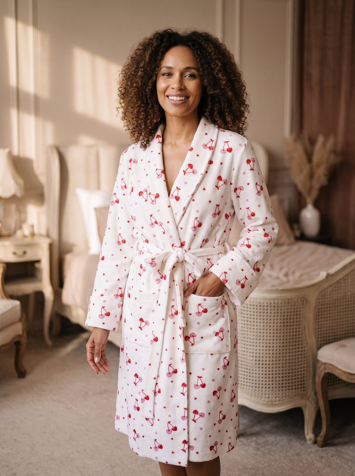 Femme souriante debout dans une chambre claire, vêtue d'un peignoir long blanc imprimé de cerises rouges et roses, une main glissée dans la poche