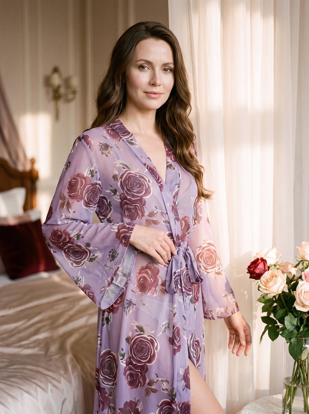 Femme debout en peignoir kimono violet imprimé de roses, une main posée sur la ceinture nouée à la taille