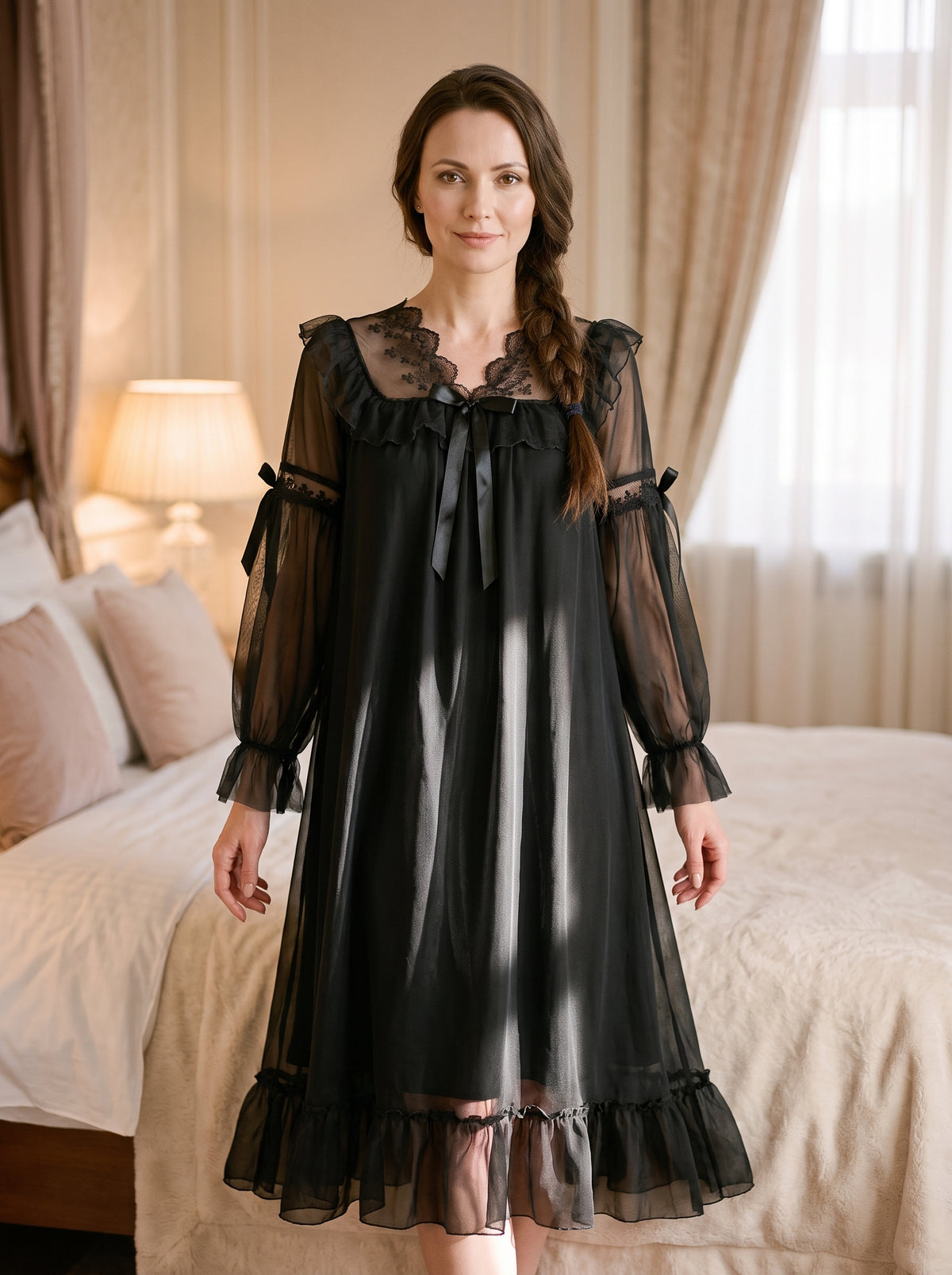 Femme brune debout au pied du lit en nuisette longue noire, bras le long du corps, dentelle sur le décolleté et ruban de satin noué sur le devant