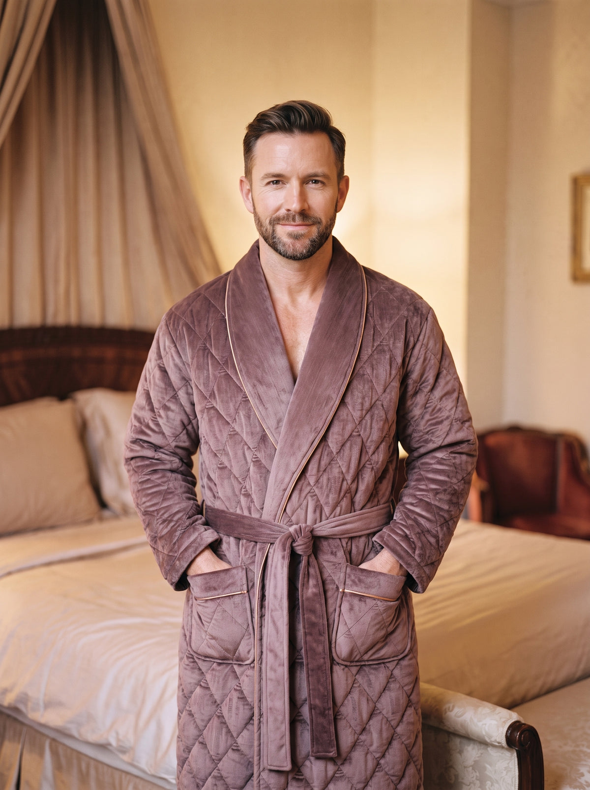 Homme debout en peignoir matelassé marron, les deux mains dans les poches, large col châle bordé d’un passepoil doré et ceinture nouée à la taille