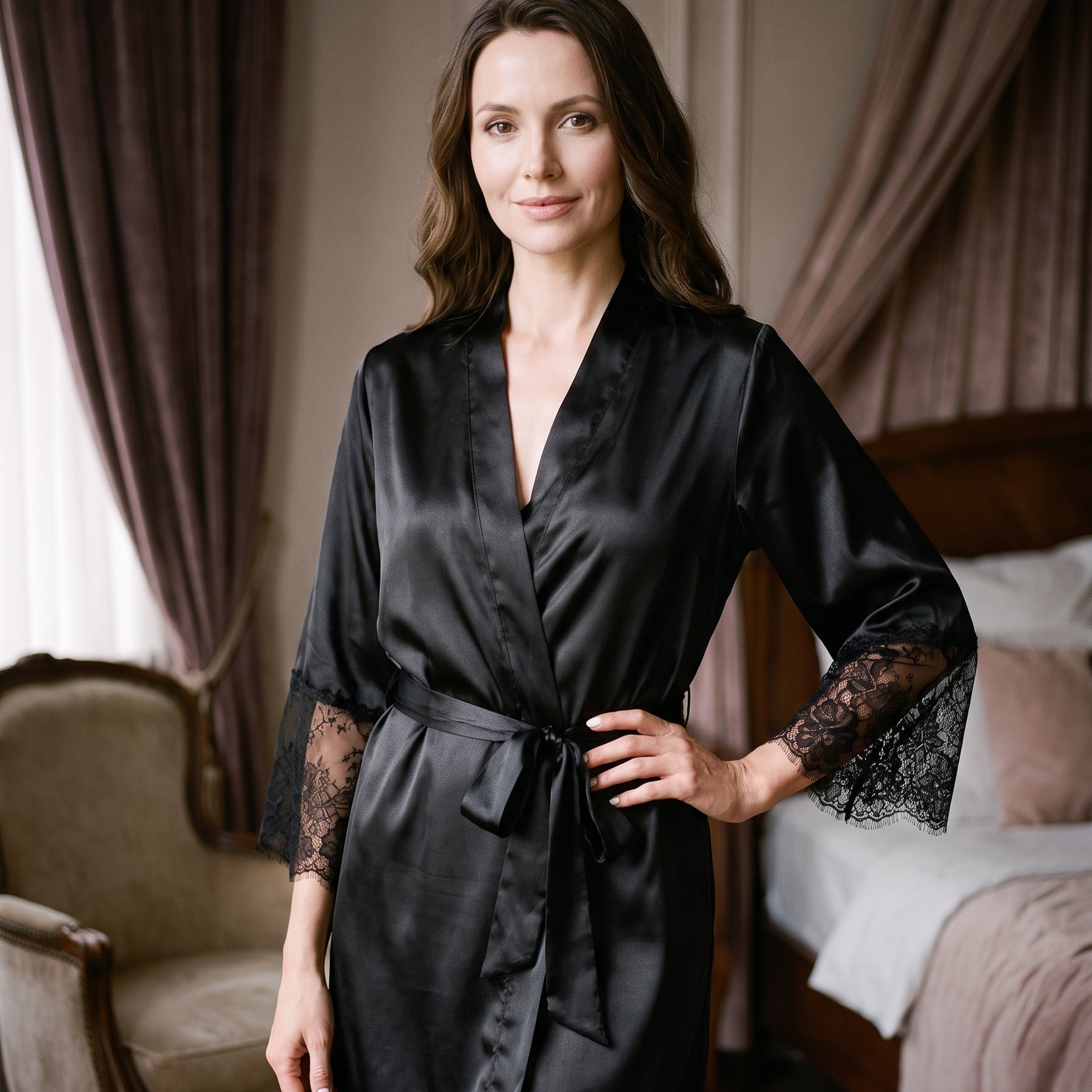 Le satin noir, une élégance sensuelle — Kimono Court Satiné Noir à Manches Dentelle Image