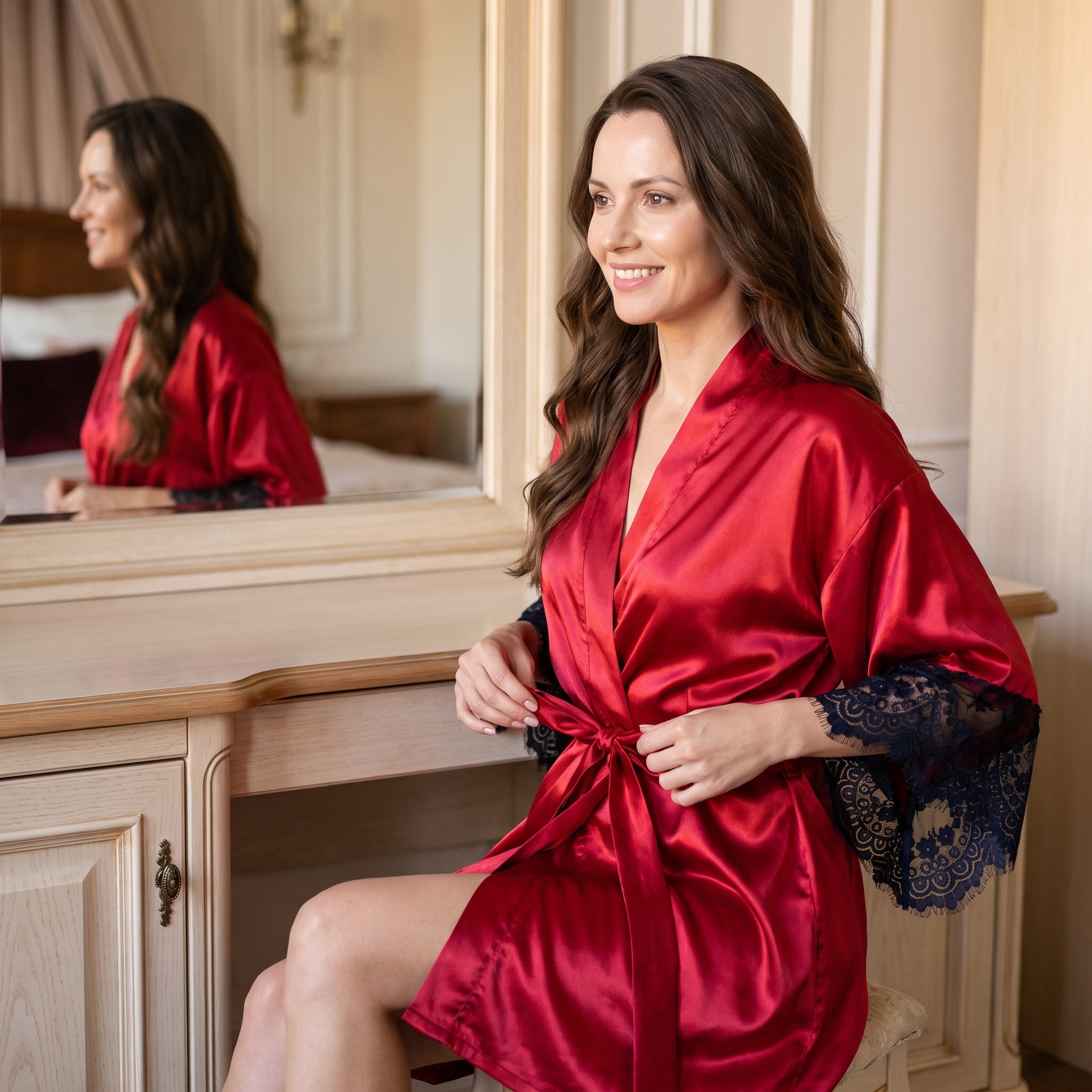 Femme nouant la ceinture de son kimono en satin devant son miroir Image