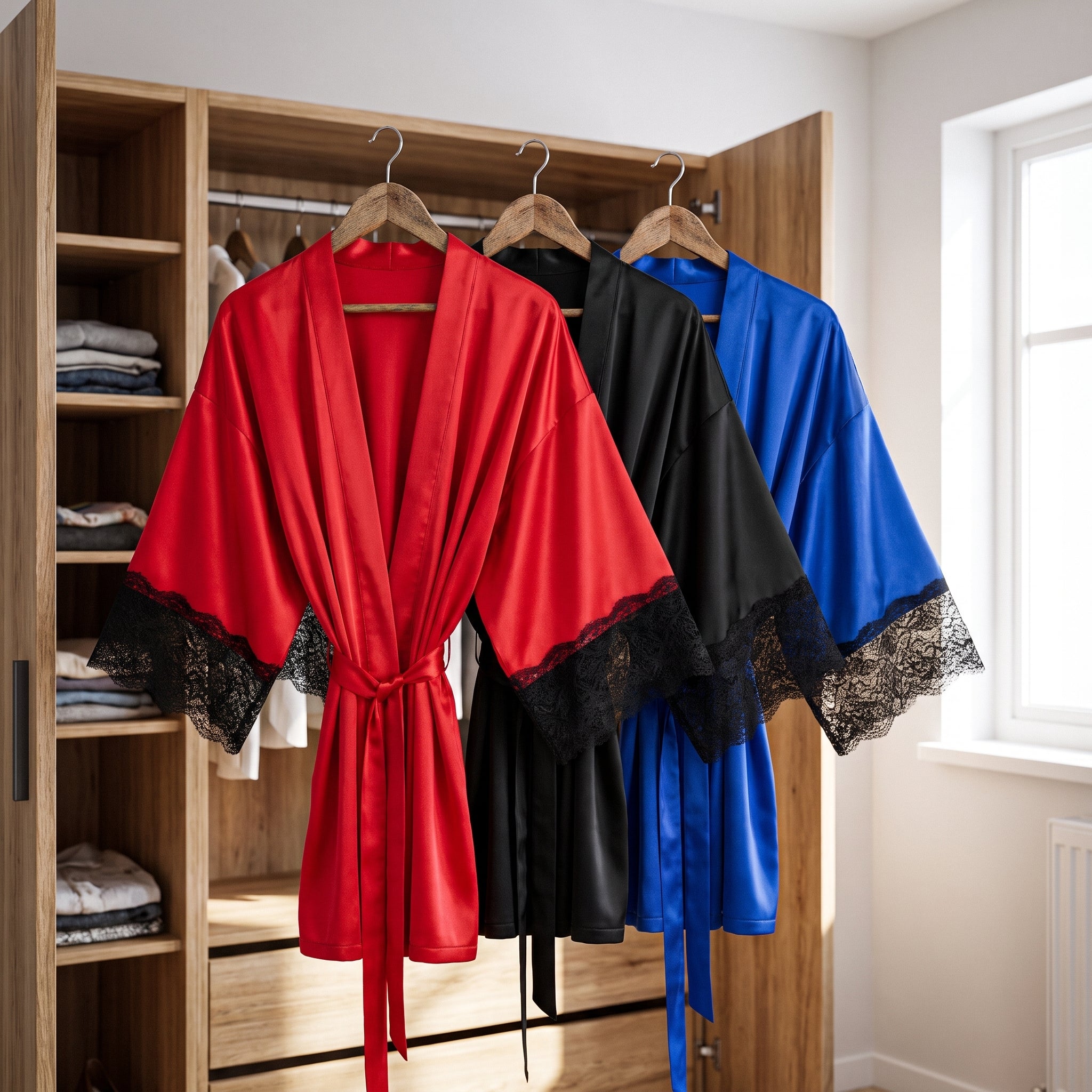 Trois kimonos en satin suspendus, rouge, noir et bleu roi Image