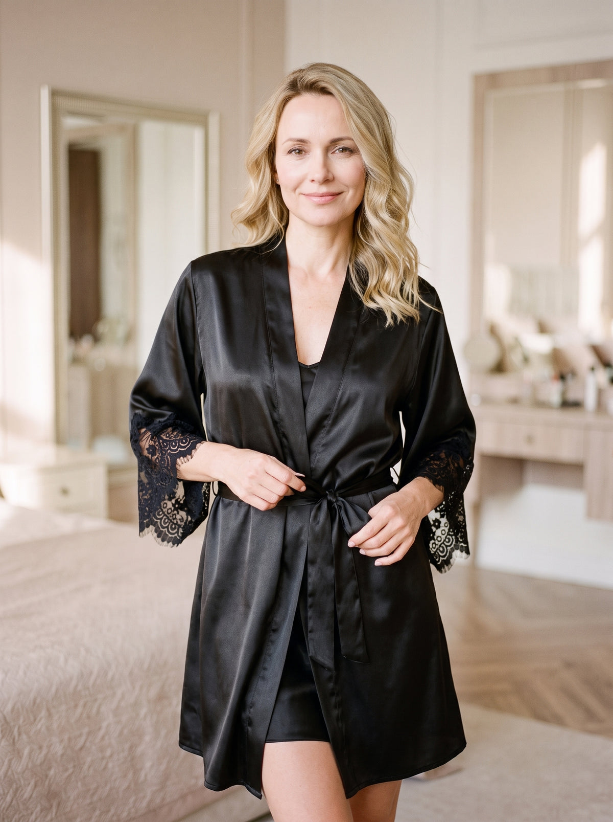 Femme portant le kimono court en satin noir a manches larges bordees de dentelle