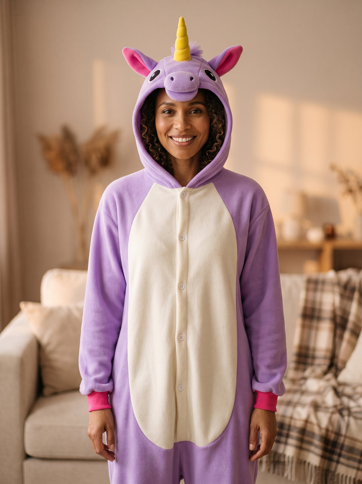 Femme portant la combinaison pyjama licorne violette, debout de face