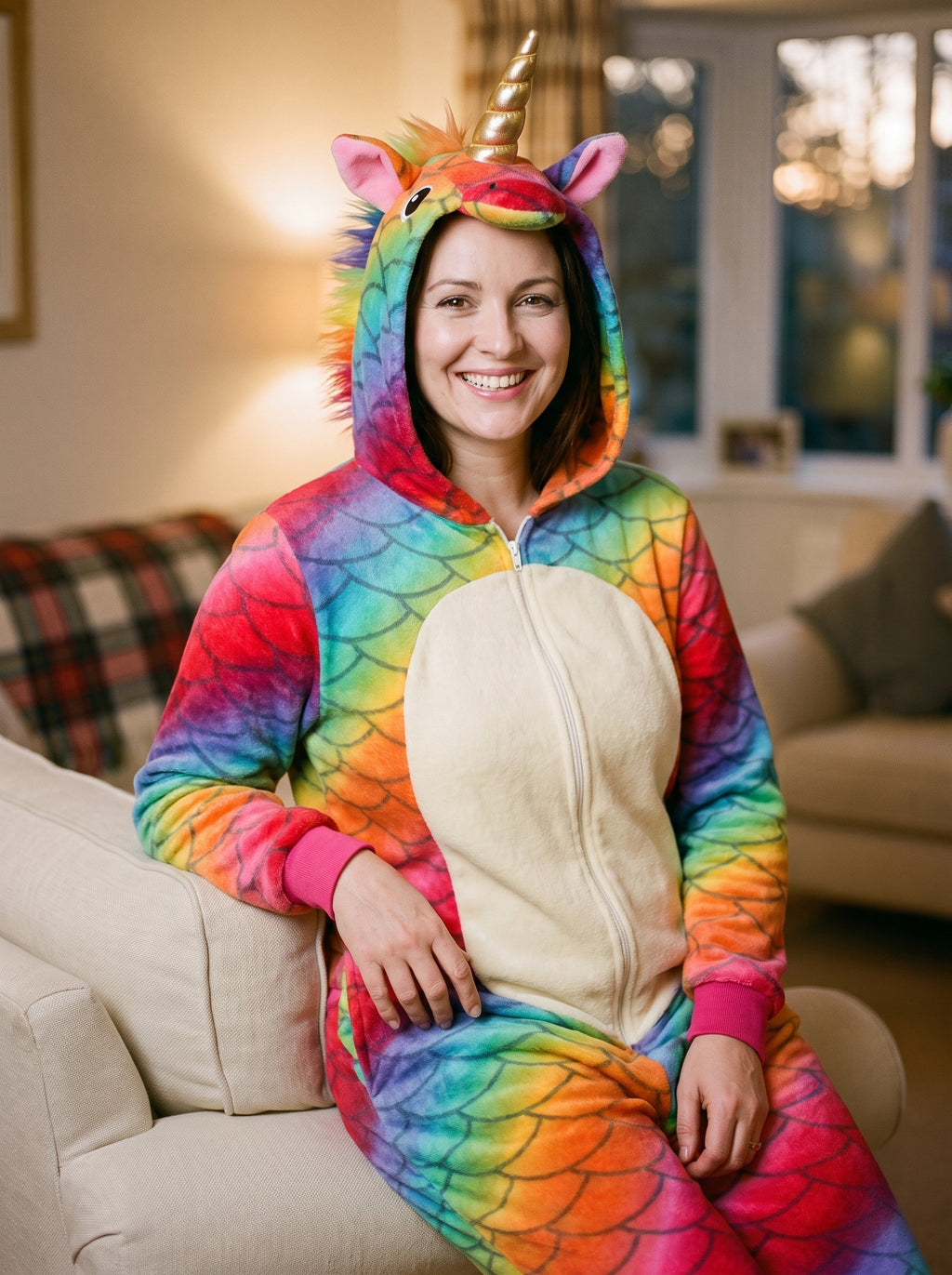 Femme portant la combinaison pyjama licorne arc-en-ciel, assise