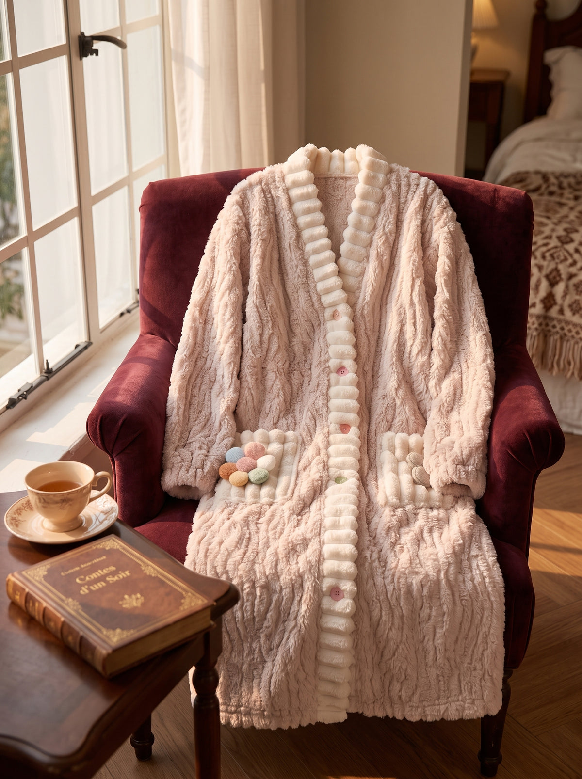 Chemise de nuit polaire rose drapée sur un fauteuil boudoir avec tasse et livre