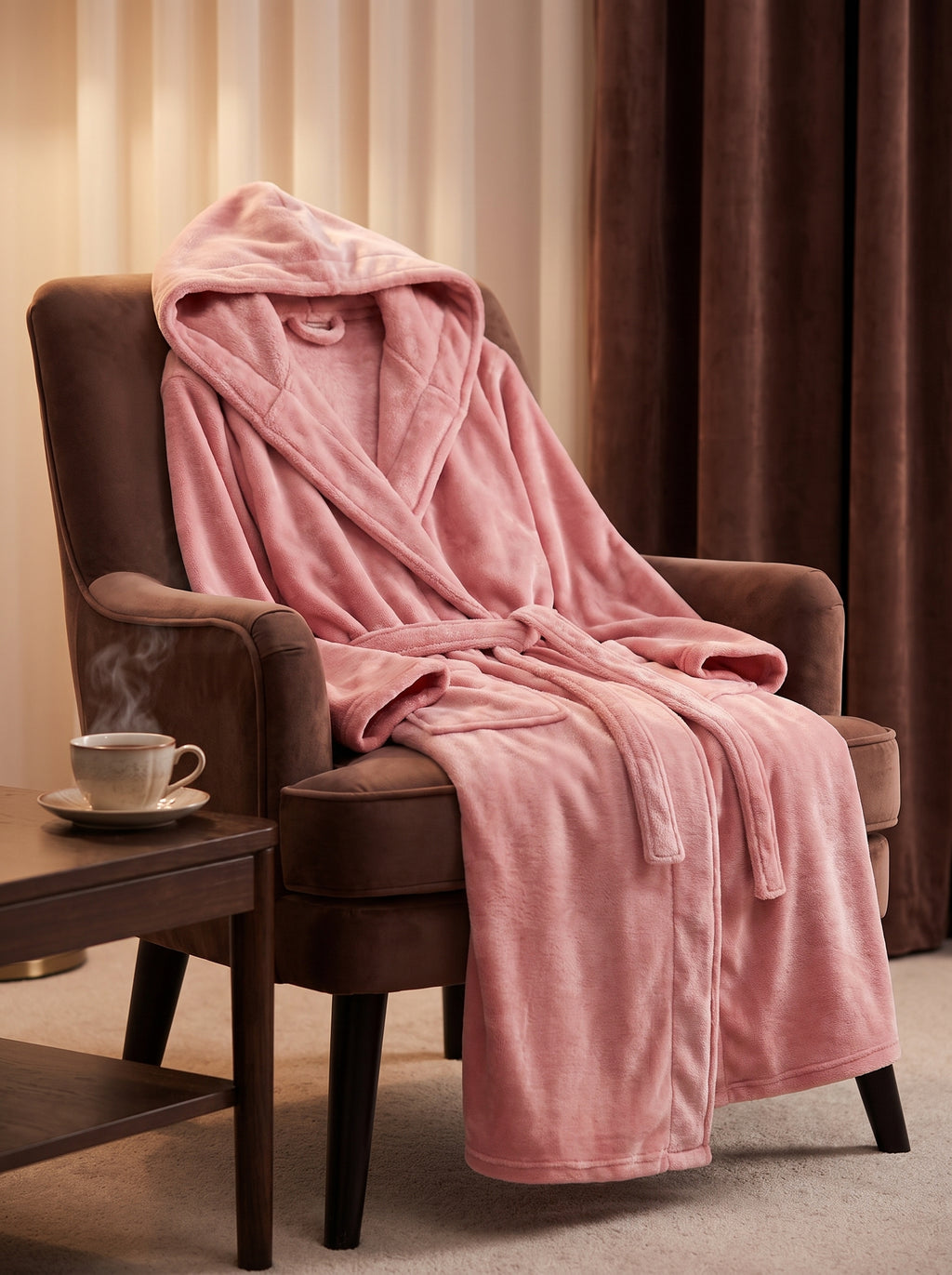 Robe de chambre a capuche rose poudre drapee sur un fauteuil en velours, ambiance boudoir avec tasse de the