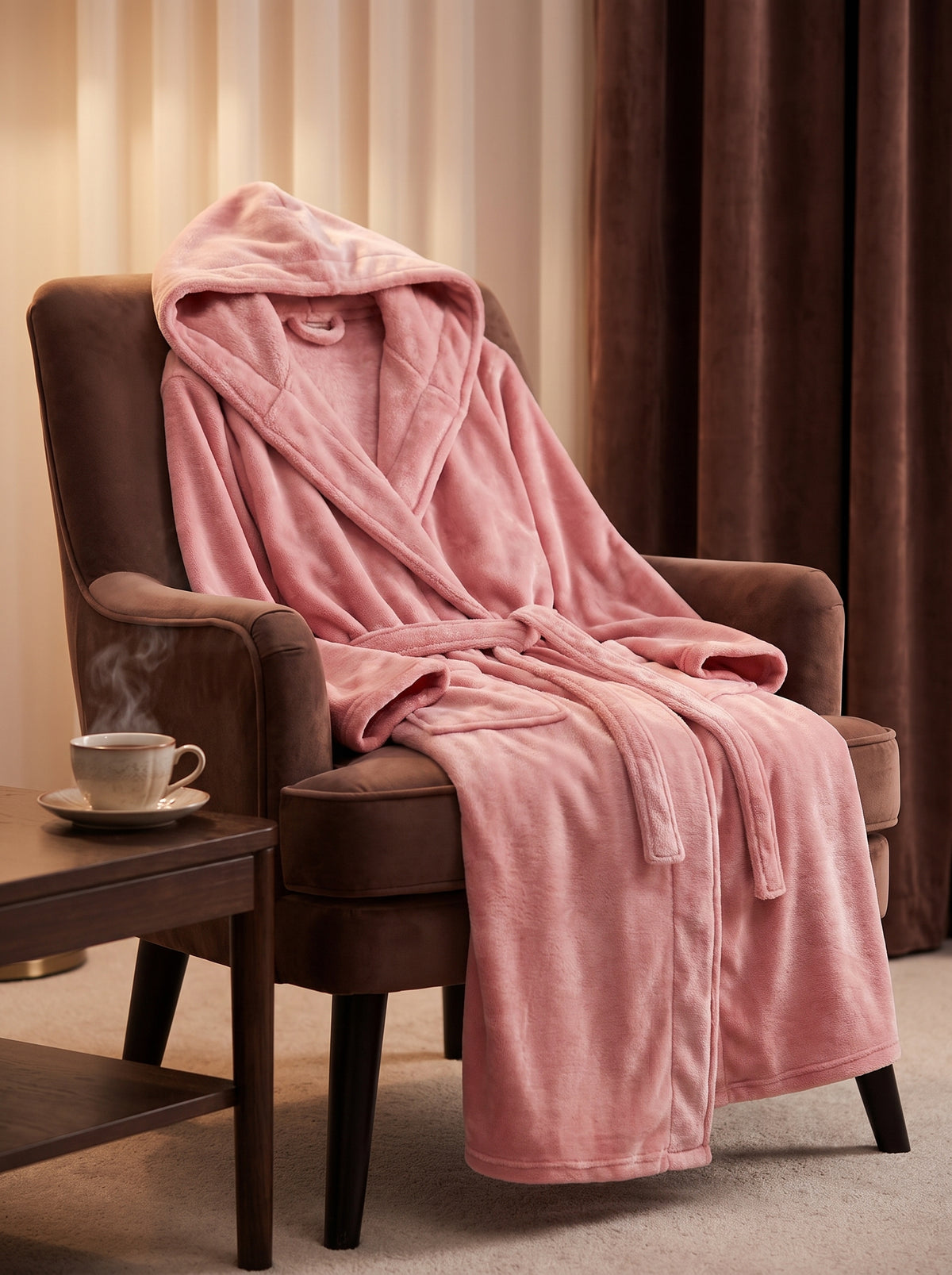 Robe de chambre a capuche rose poudre drapee sur un fauteuil en velours, ambiance boudoir avec tasse de the