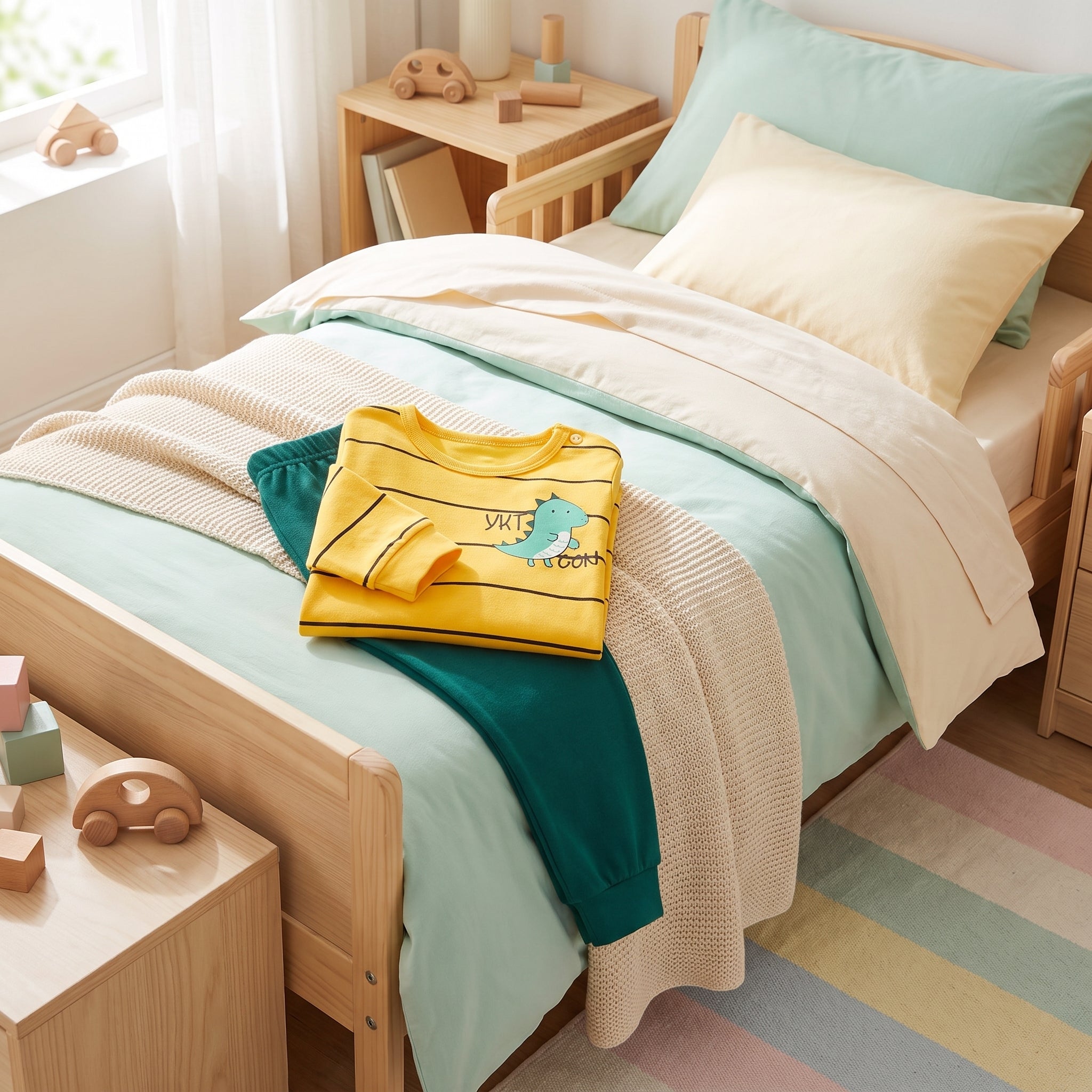Le pyjama dinosaure posé sur le lit, prêt pour un matin douillet en famille Image