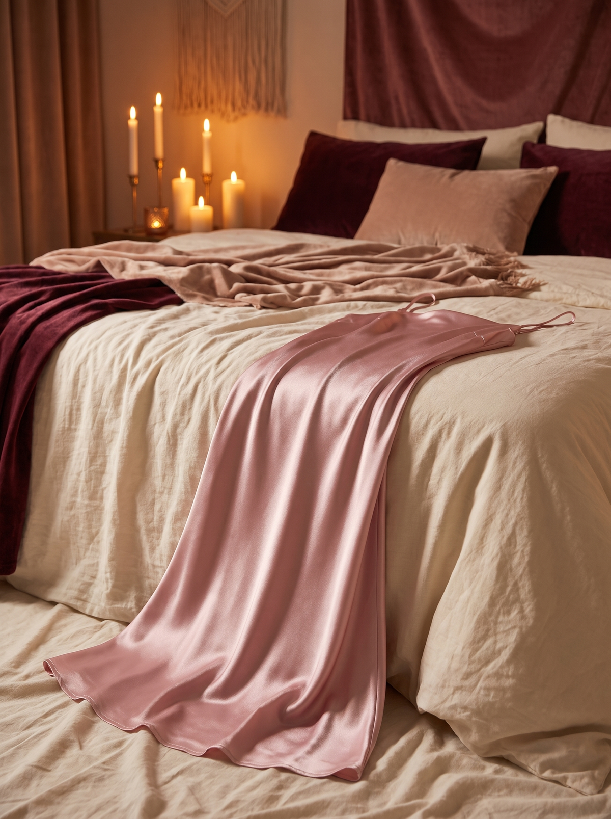 Nuisette longue rose en satin drapée sur un lit boudoir, lumière tamisée