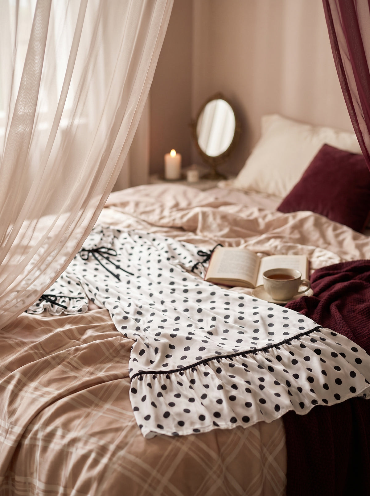Nuisette longue blanche à pois noirs en satin posée sur un lit défait, avec un livre et une tasse de thé