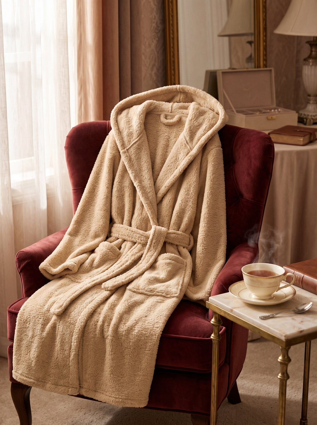 Peignoir court beige en peluche dresse sur un fauteuil boudoir