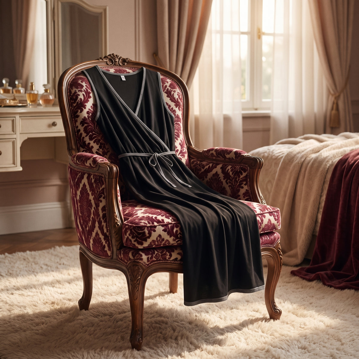 Nuisette d'allaitement grise à coupe portefeuille posée sur un fauteuil de boudoir tapissé, ambiance féminine et feutrée
